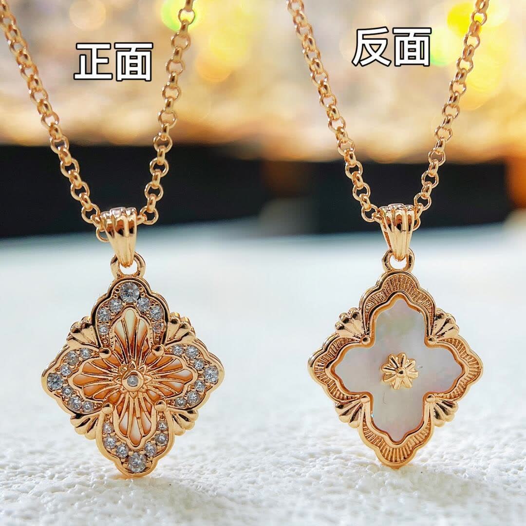Buccellati Gold Plated Green Enamel Flower Pendant Necklace
