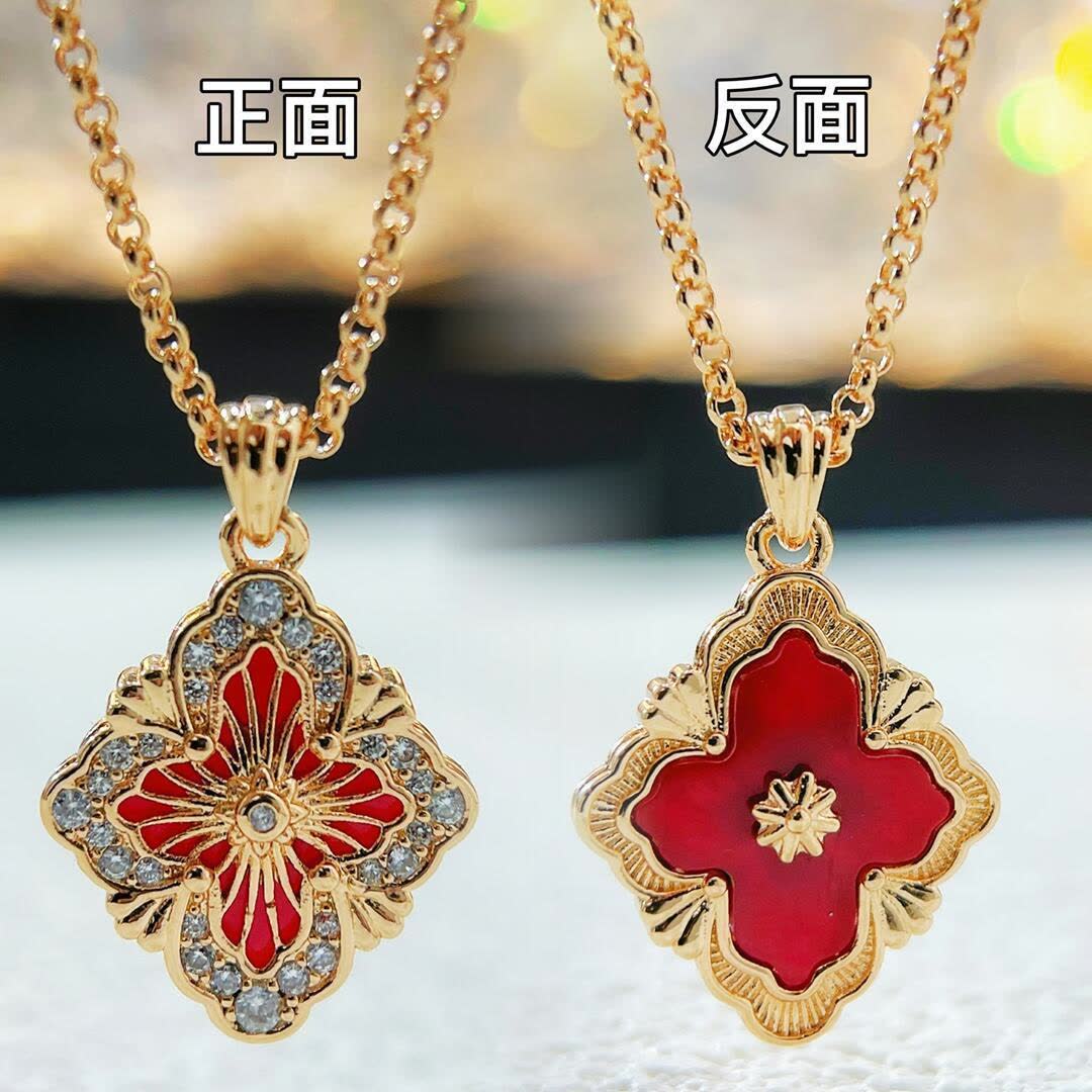 Buccellati Gold Plated Green Enamel Flower Pendant Necklace