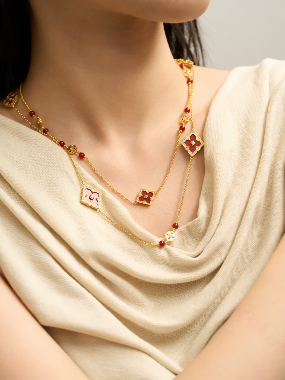 Buccellati Gold and Red Beaded Necklace with Enamel Flowers