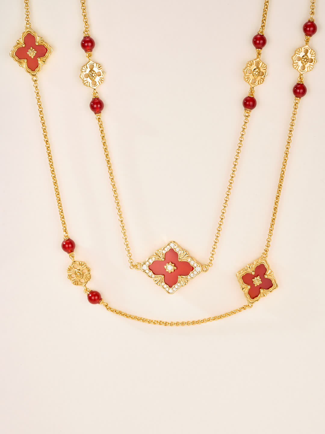 Buccellati Gold and Red Beaded Necklace with Enamel Flowers Buccellati Gold and Red Beaded Necklace with Enamel Flowers