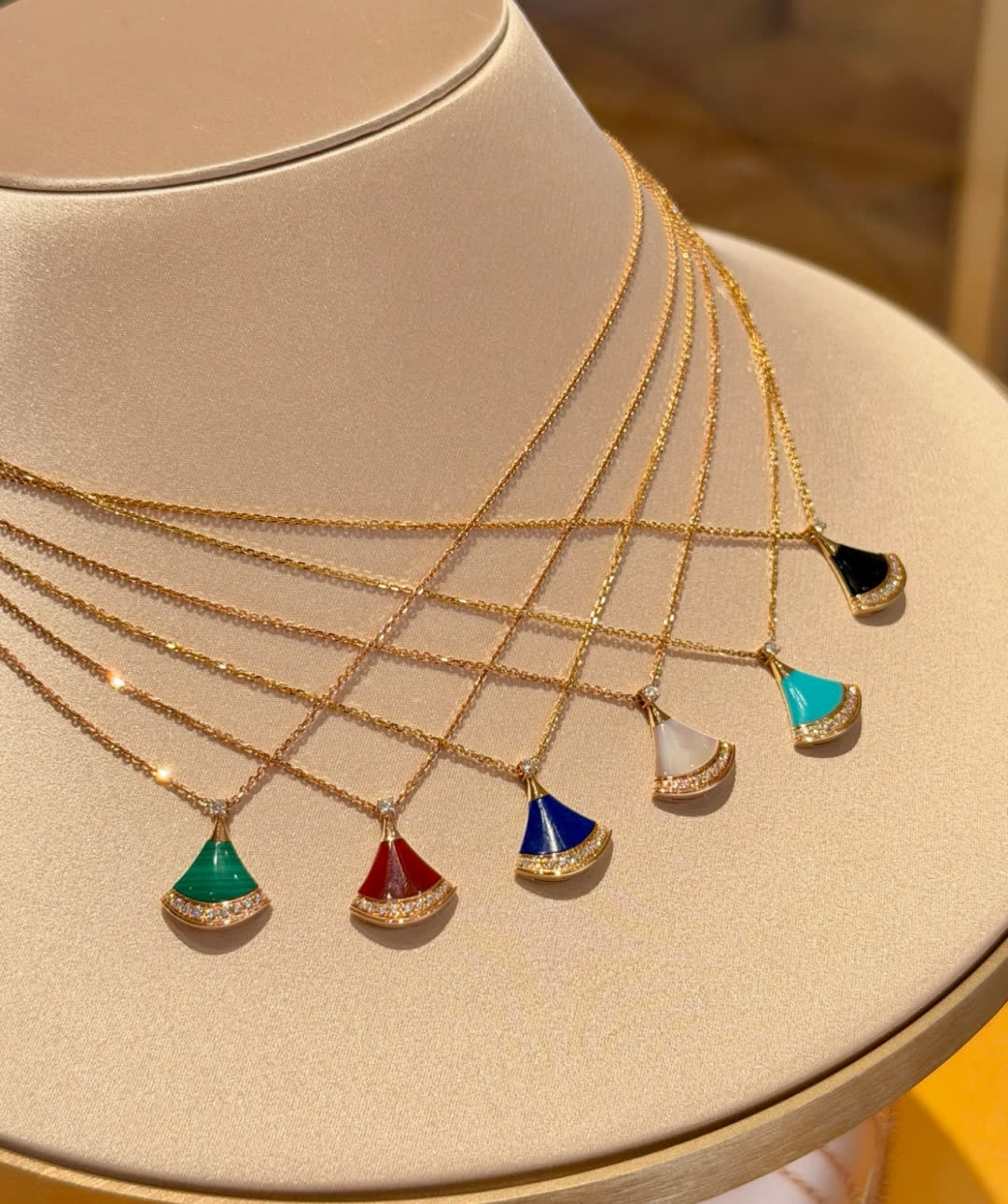 Bvlgari Gold Tone Fan Shape Gemstone Pendant Necklace