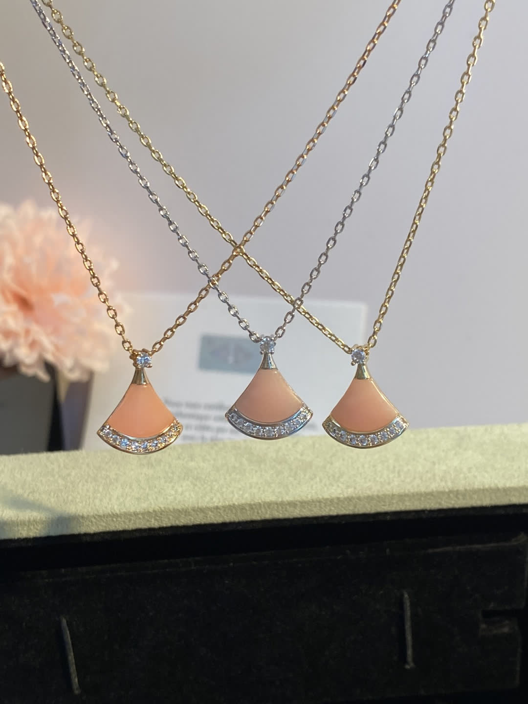 Bvlgari Elegant Pink Enamel and Diamond Accent Fan-Shaped Pendant Necklace Bvlgari Elegant Pink Enamel and Diamond Accent Fan-Shaped Pendant Necklace