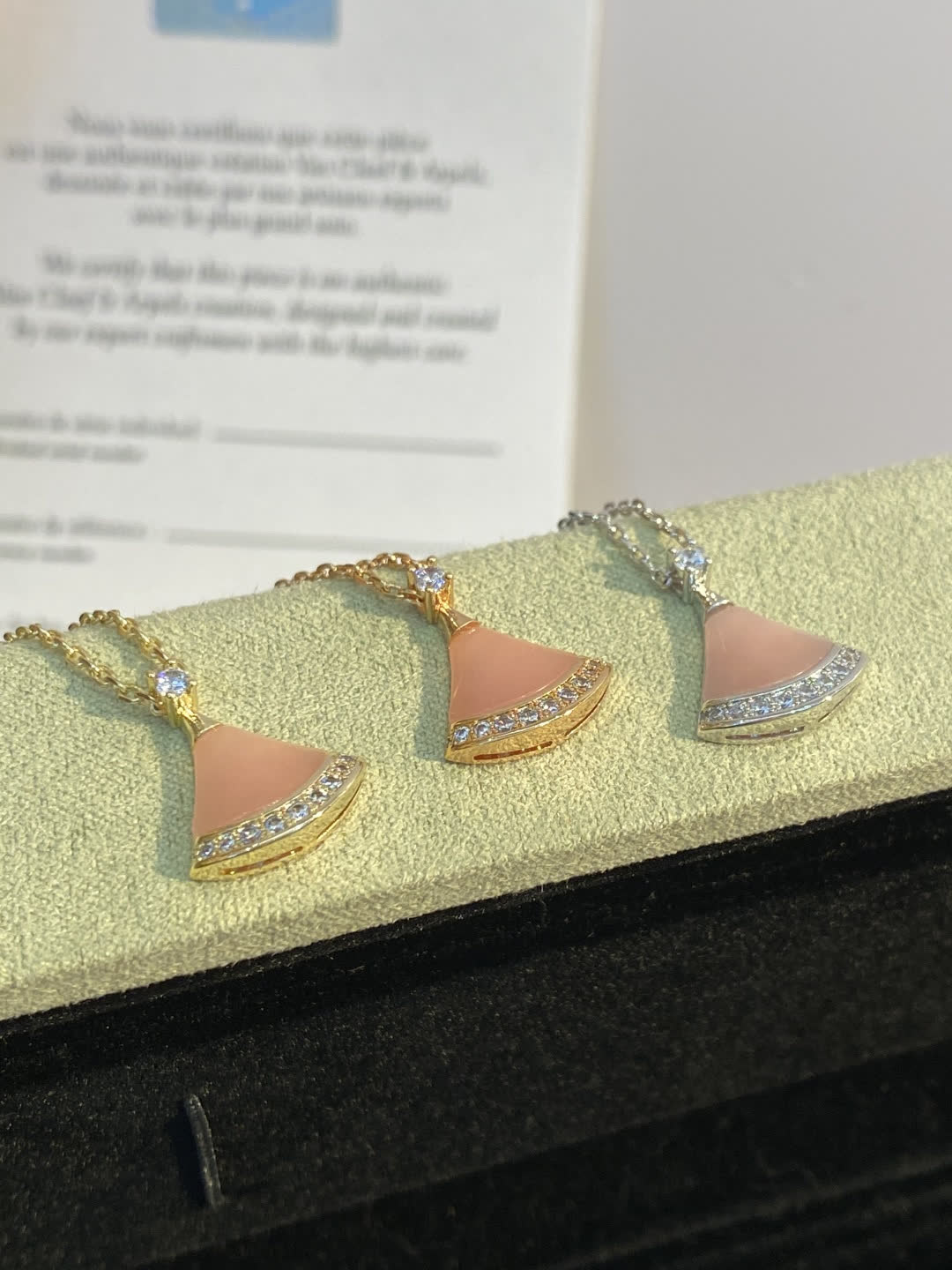 Bvlgari Elegant Pink Enamel and Diamond Accent Fan-Shaped Pendant Necklace