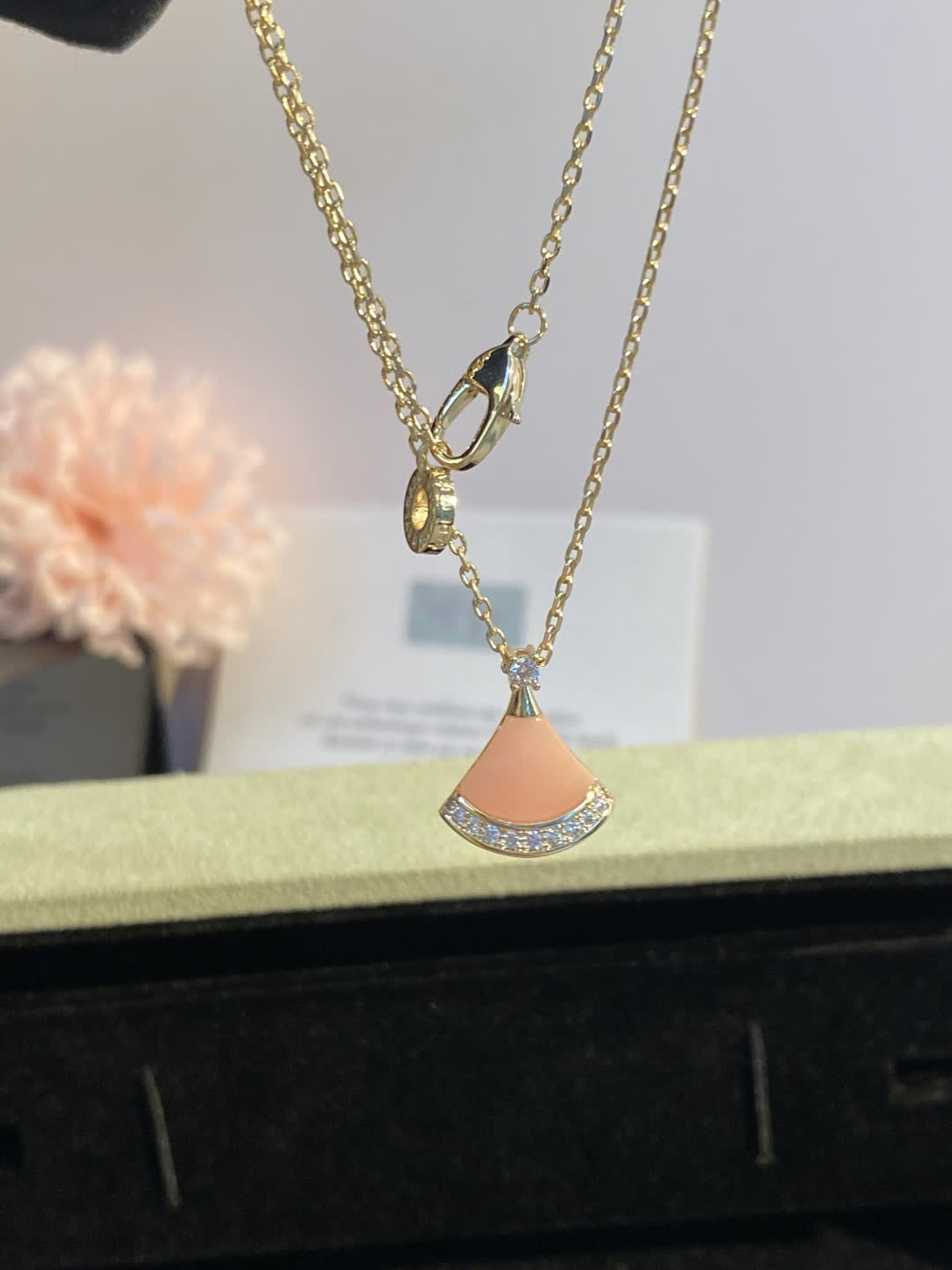 Bvlgari Elegant Pink Enamel and Diamond Accent Fan-Shaped Pendant Necklace