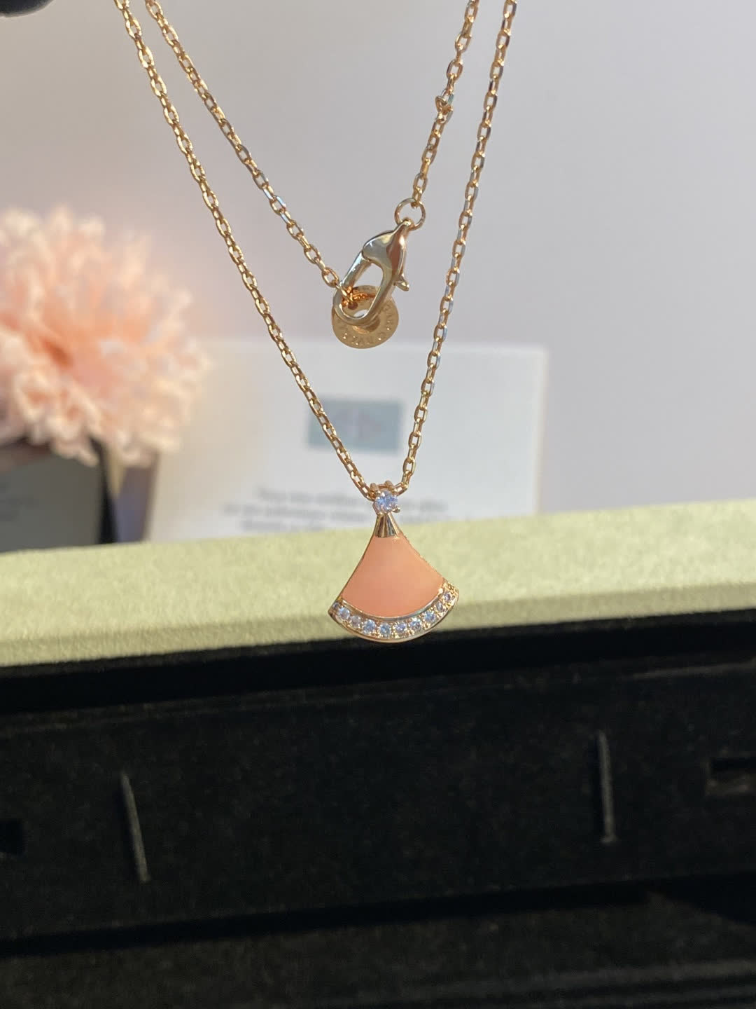Bvlgari Elegant Pink Enamel and Diamond Accent Fan-Shaped Pendant Necklace