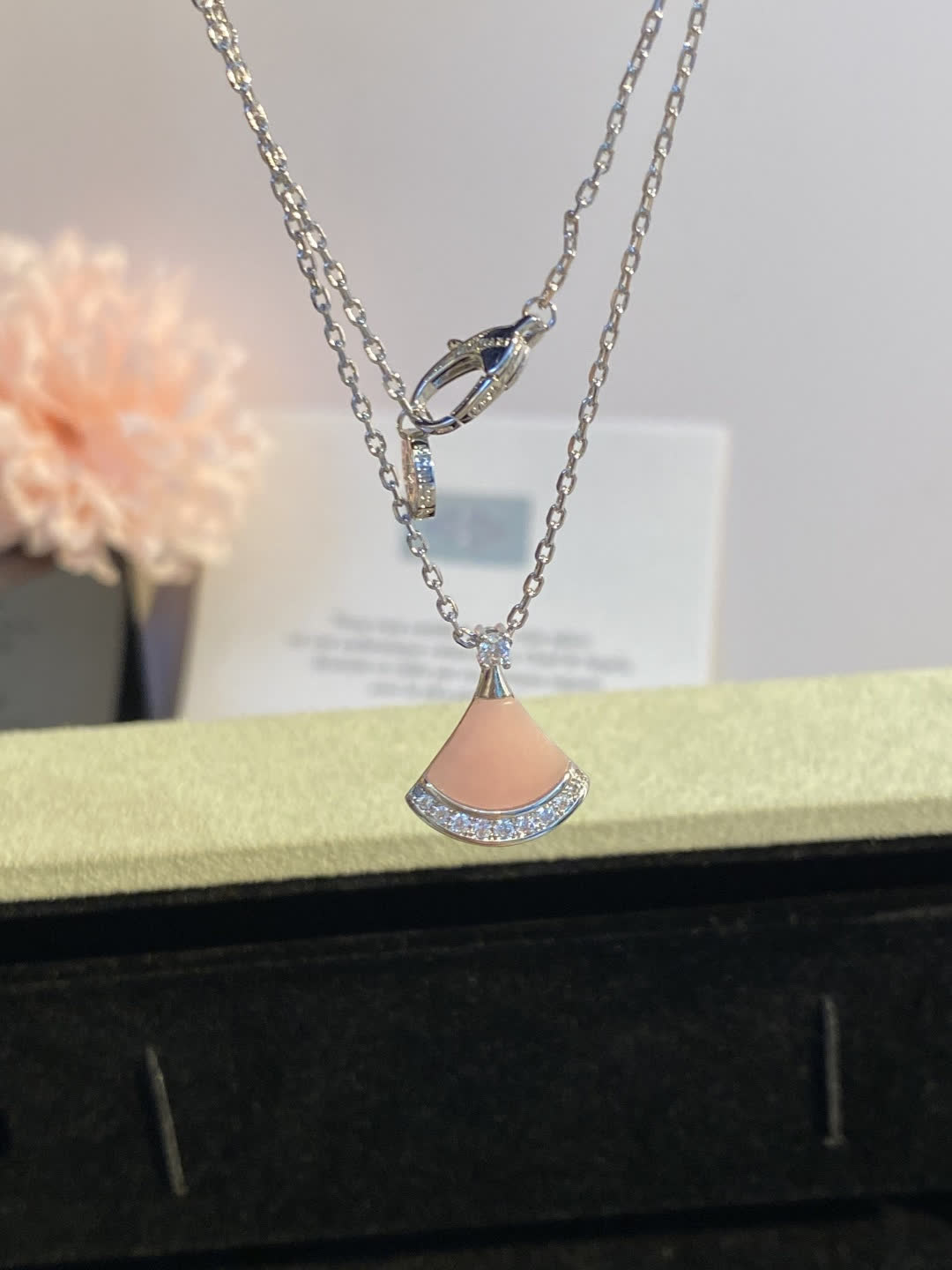 Bvlgari Elegant Pink Enamel and Diamond Accent Fan-Shaped Pendant Necklace