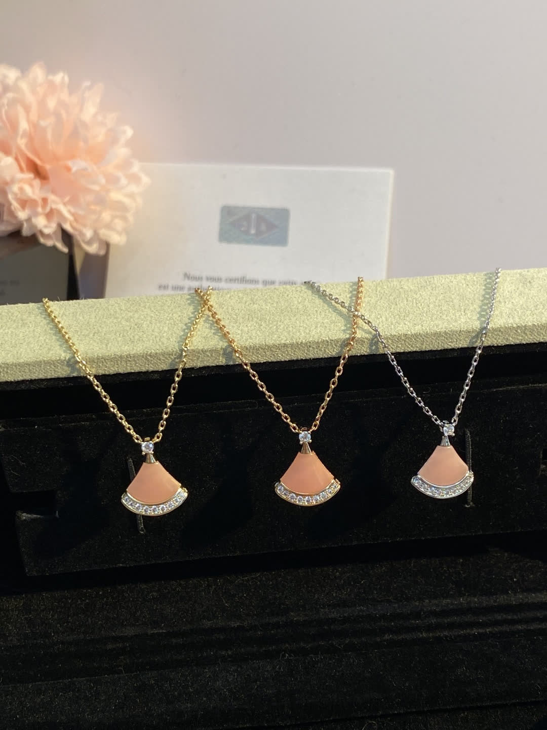 Bvlgari Elegant Pink Enamel and Diamond Accent Fan-Shaped Pendant Necklace