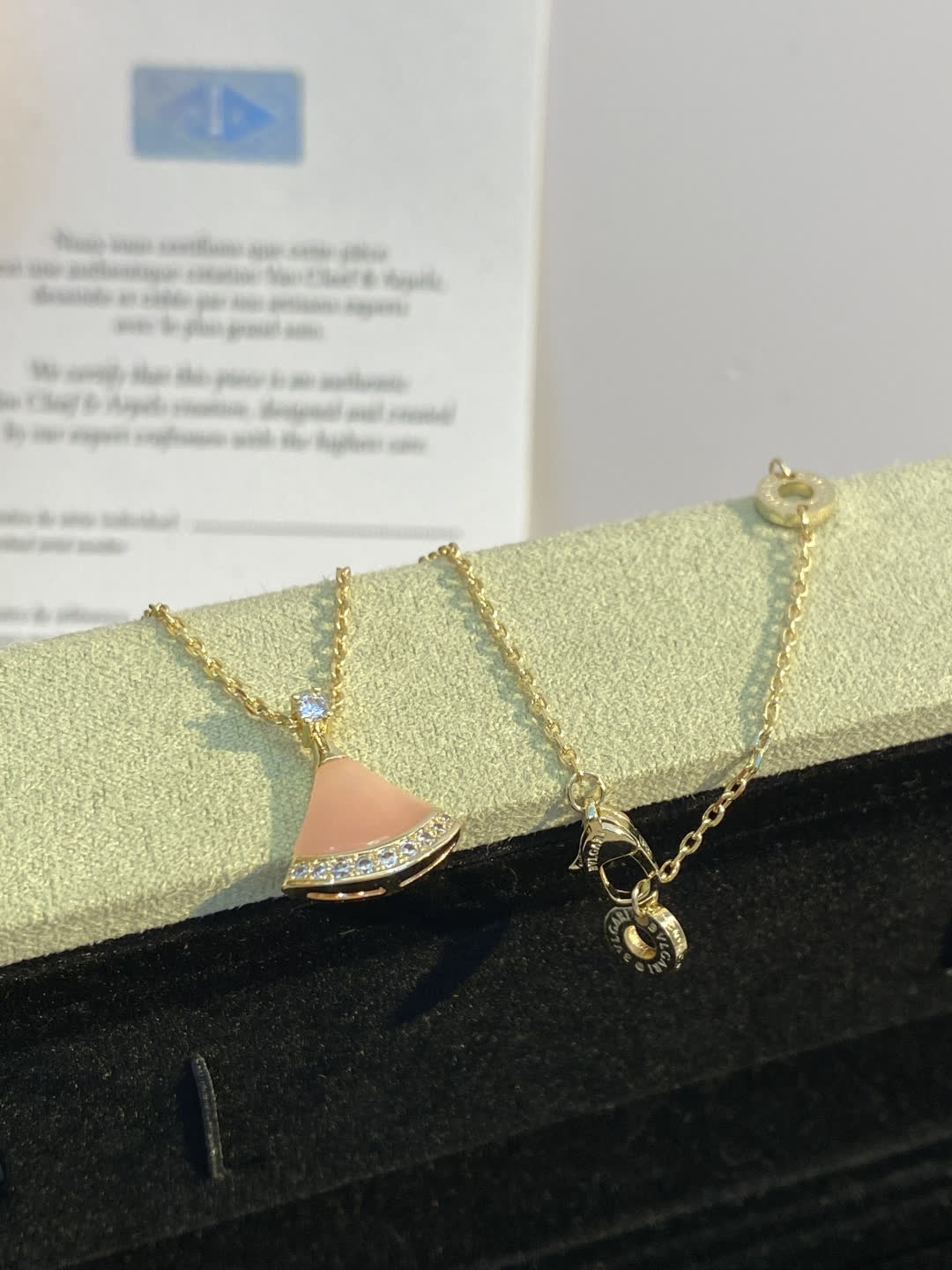 Bvlgari Elegant Pink Enamel and Diamond Accent Fan-Shaped Pendant Necklace