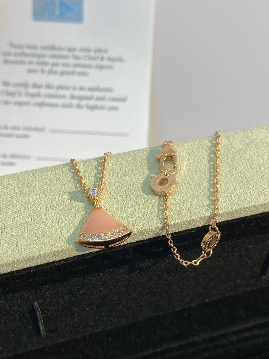 Bvlgari Elegant Pink Enamel and Diamond Accent Fan-Shaped Pendant Necklace
