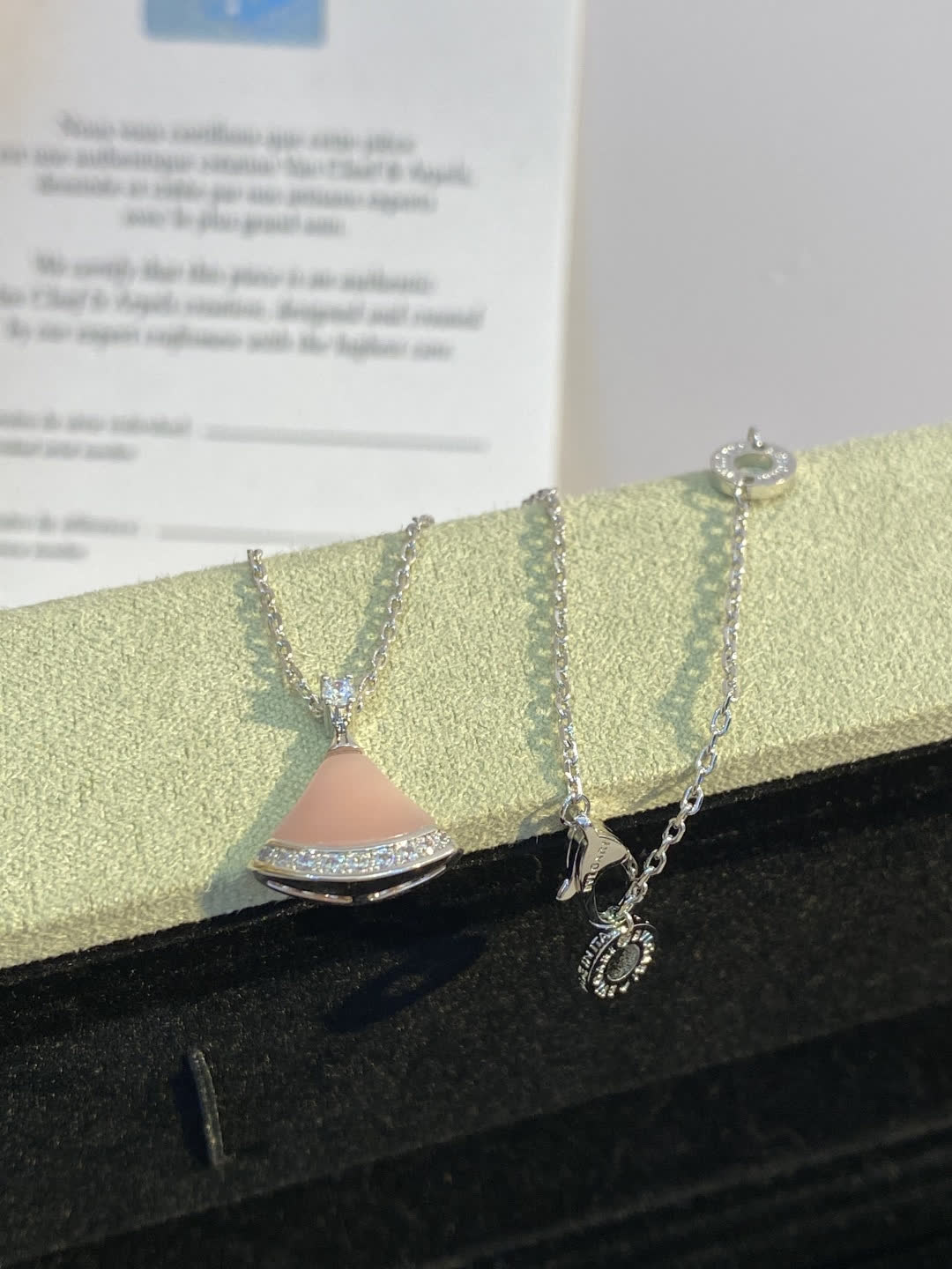 Bvlgari Elegant Pink Enamel and Diamond Accent Fan-Shaped Pendant Necklace
