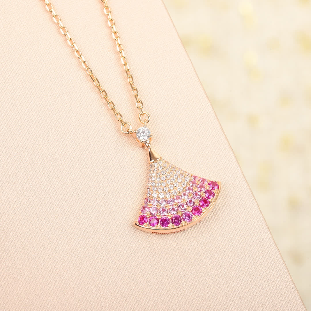 Bvlgari Pink and White Diamond Fan-Shaped Pendant Necklace