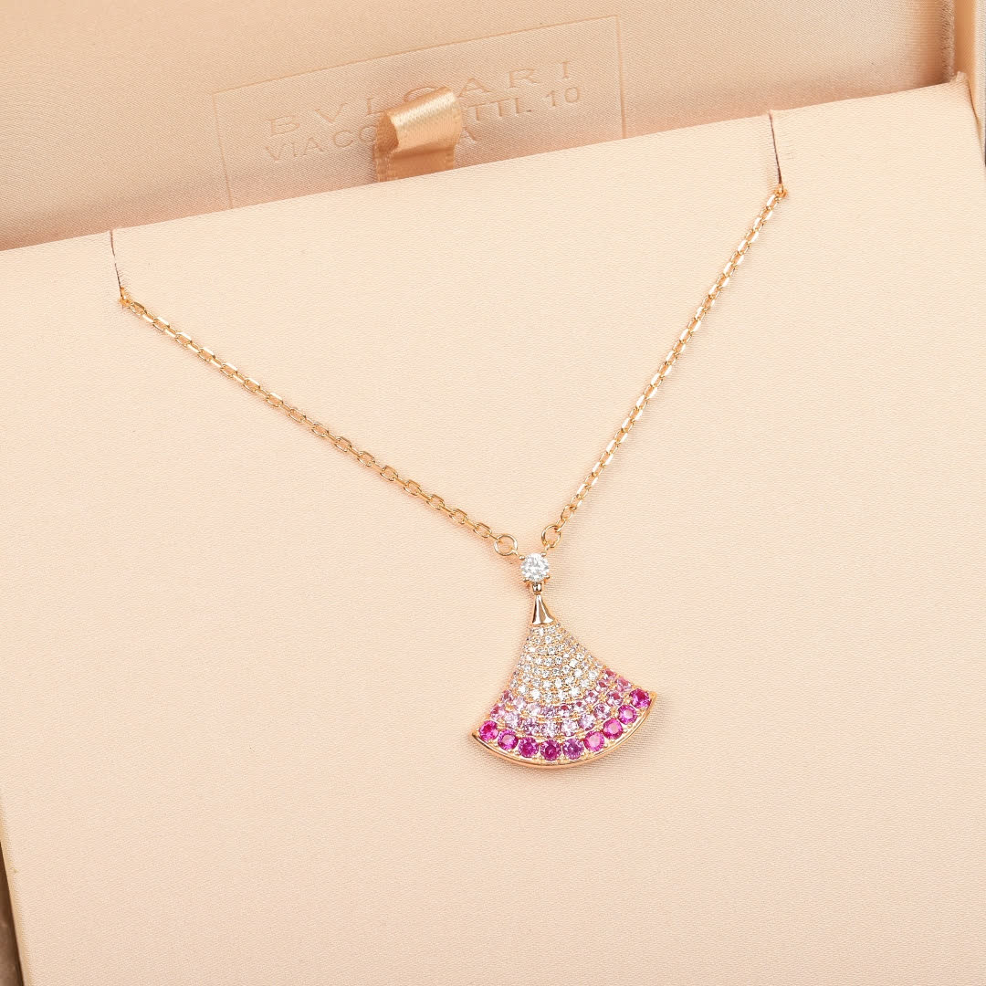 Bvlgari Pink and White Diamond Fan-Shaped Pendant Necklace