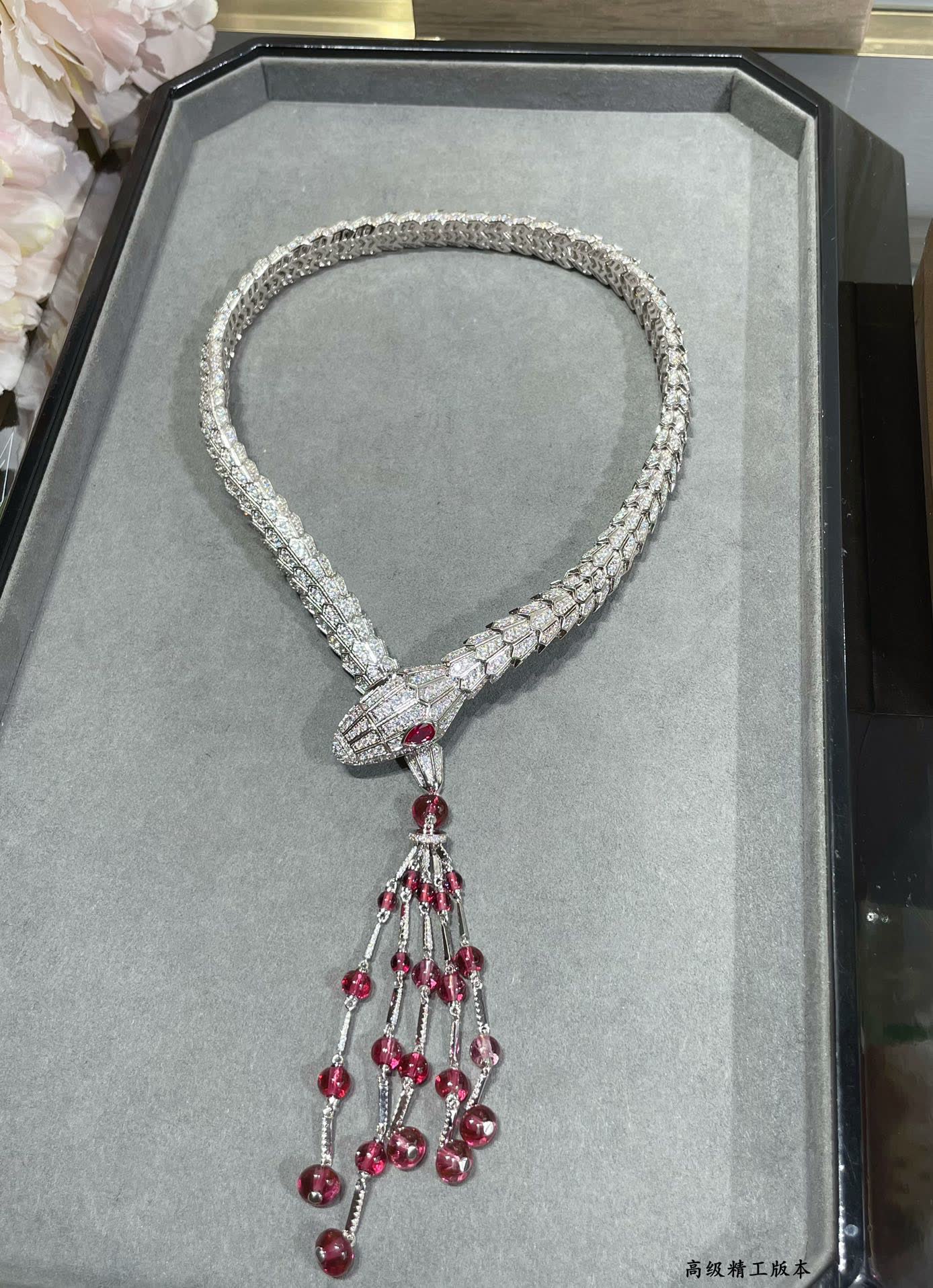 Bvlgari Luxury Silver Snake Necklace with Ruby Tassels Bvlgari Luxury Silver Snake Necklace with Ruby Tassels