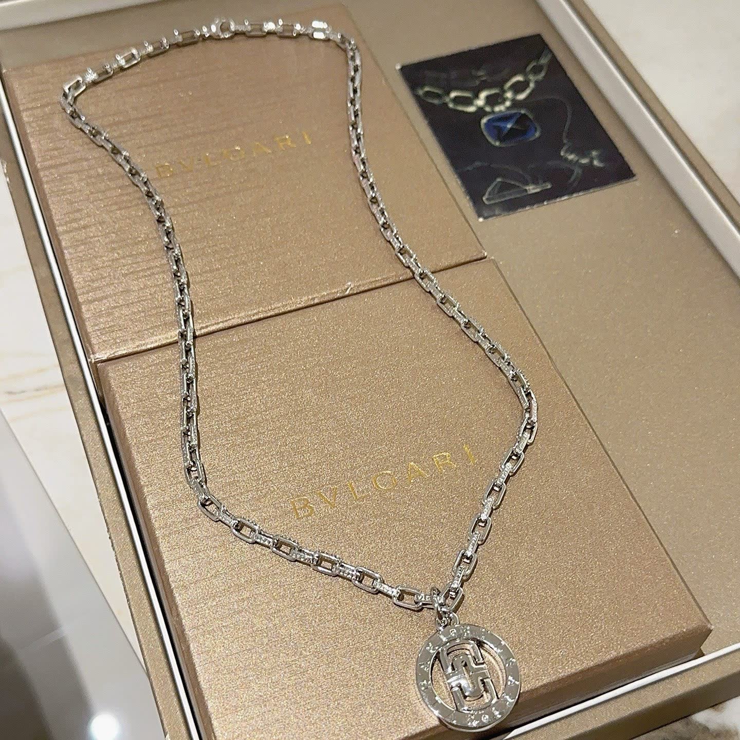 Bvlgari Silver Necklace with Logo Pendant