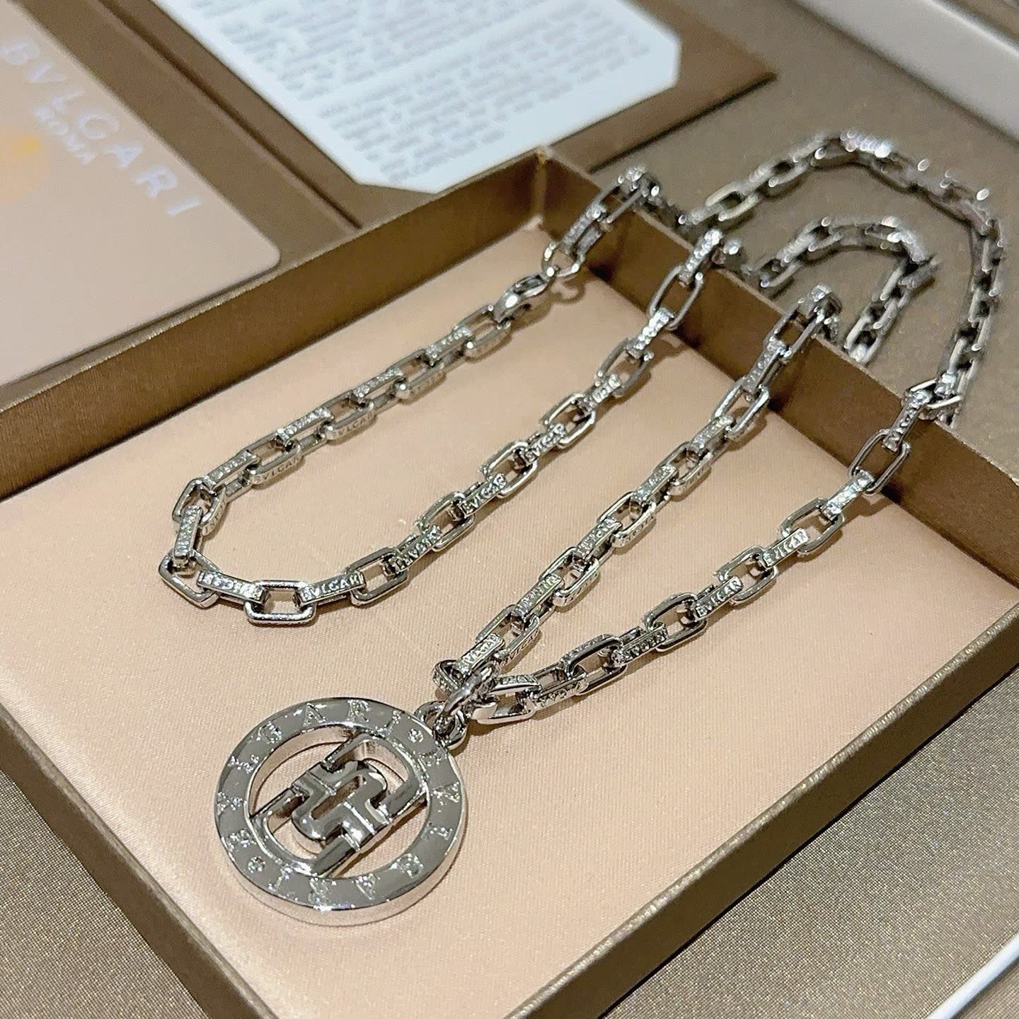 Bvlgari Silver Necklace with Logo Pendant