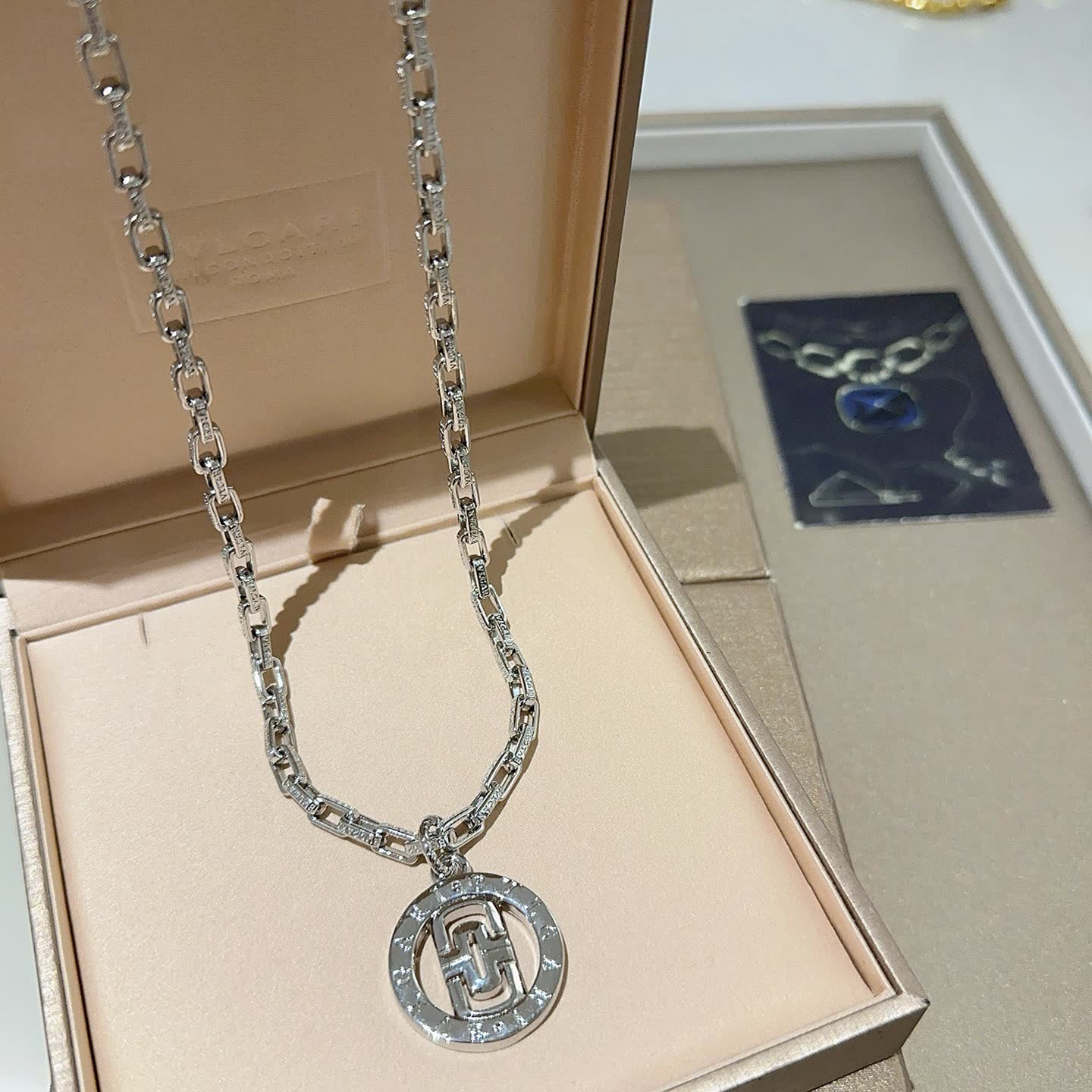 Bvlgari Silver Necklace with Logo Pendant