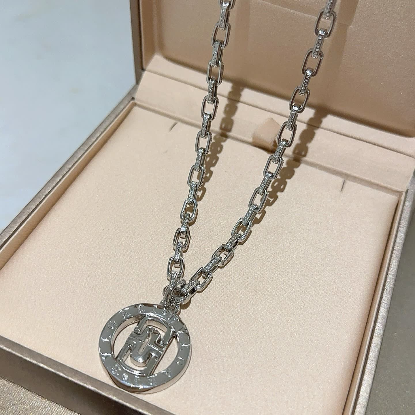 Bvlgari Silver Necklace with Logo Pendant