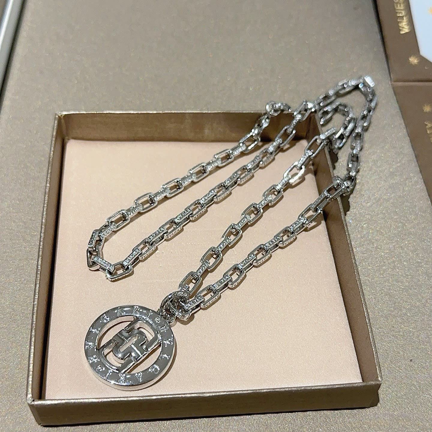 Bvlgari Silver Necklace with Logo Pendant