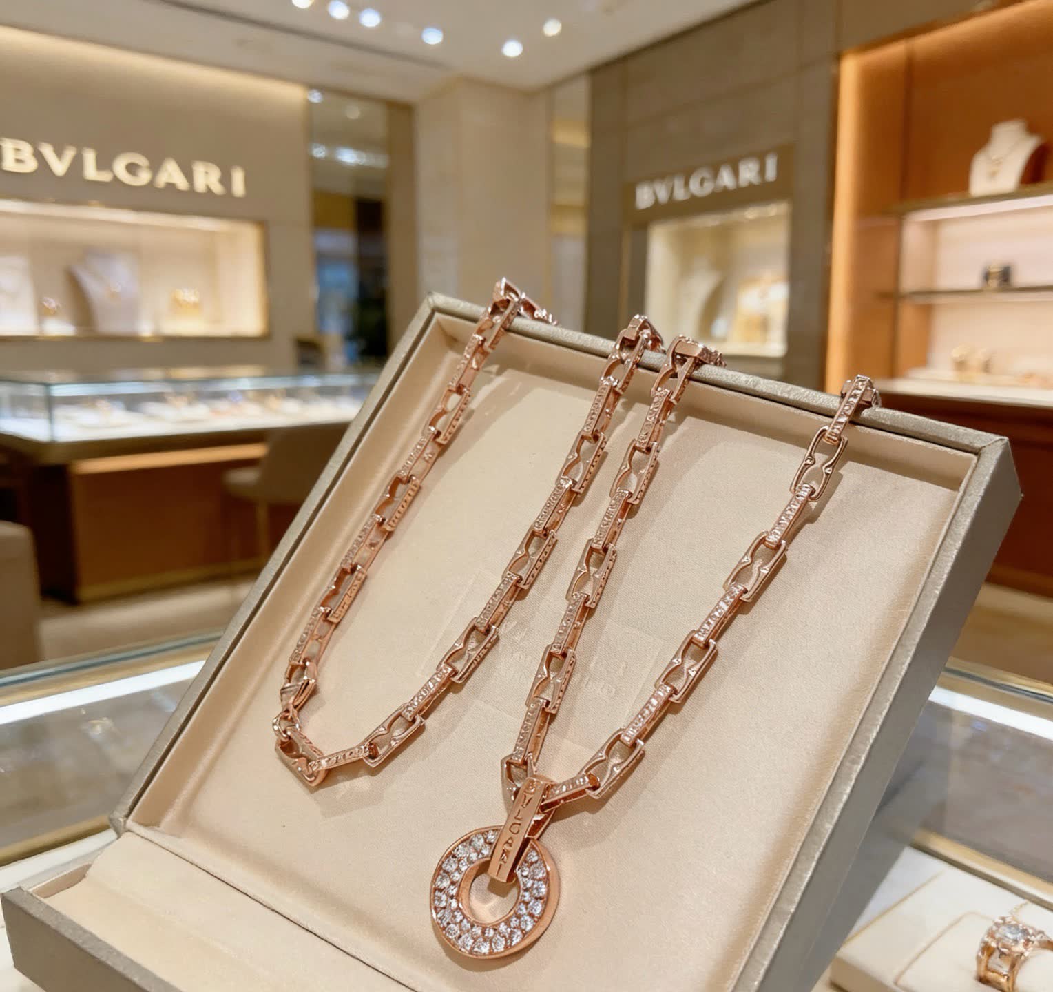 Bvlgari Rose Gold Necklace with Diamond Ring Pendant