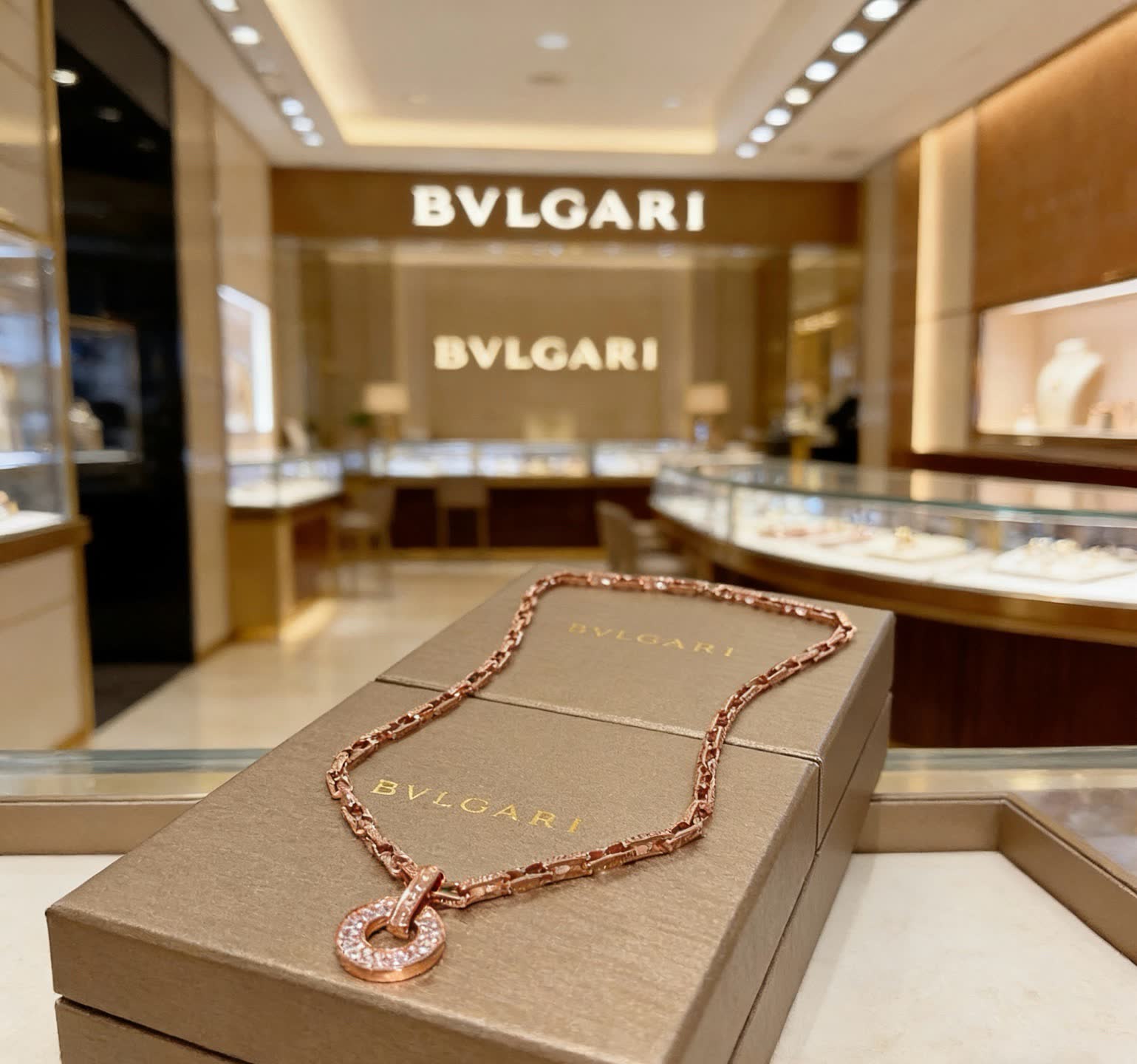 Bvlgari Rose Gold Necklace with Diamond Ring Pendant