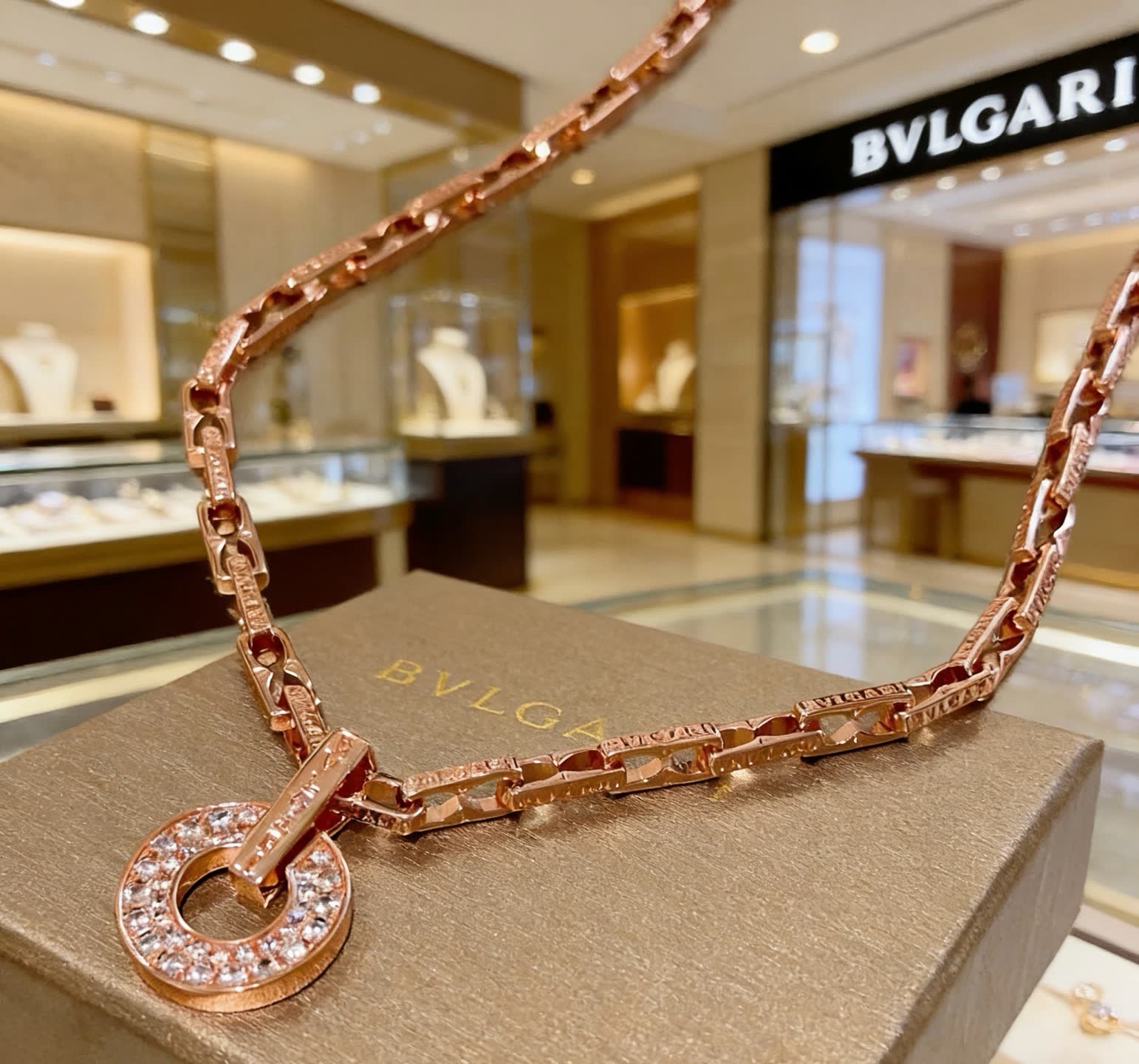 Bvlgari Rose Gold Necklace with Diamond Ring Pendant