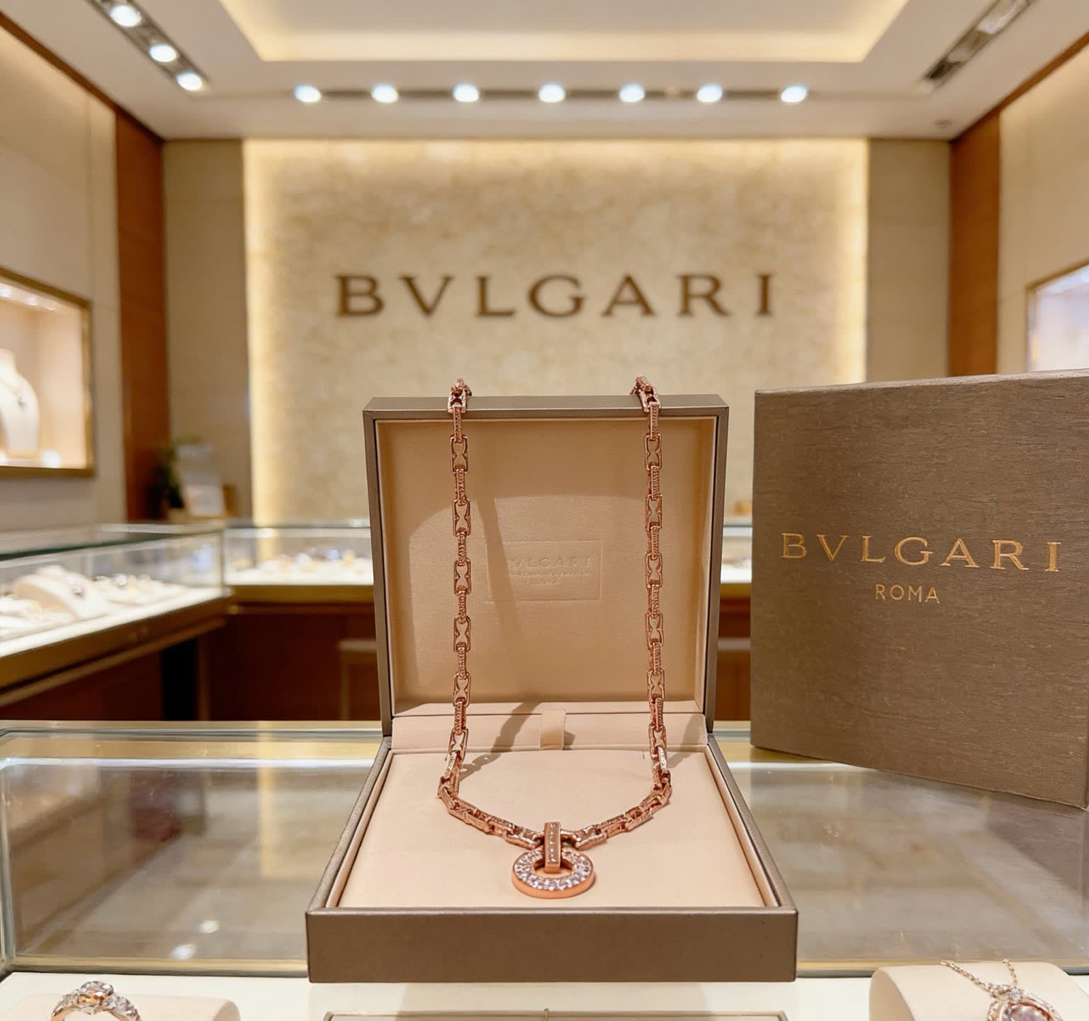 Bvlgari Rose Gold Necklace with Diamond Ring Pendant