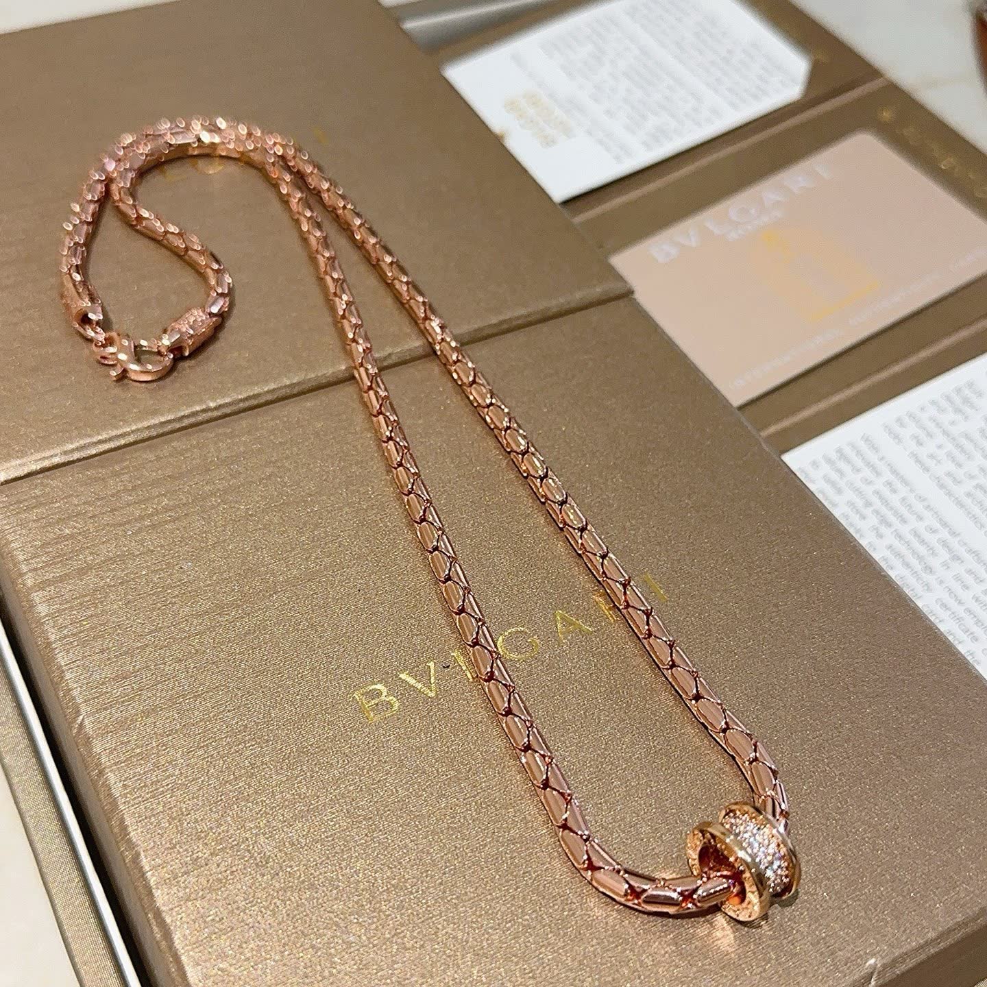 Bvlgari Rose Gold Necklace with Diamond Bead Bvlgari Rose Gold Necklace with Diamond Bead