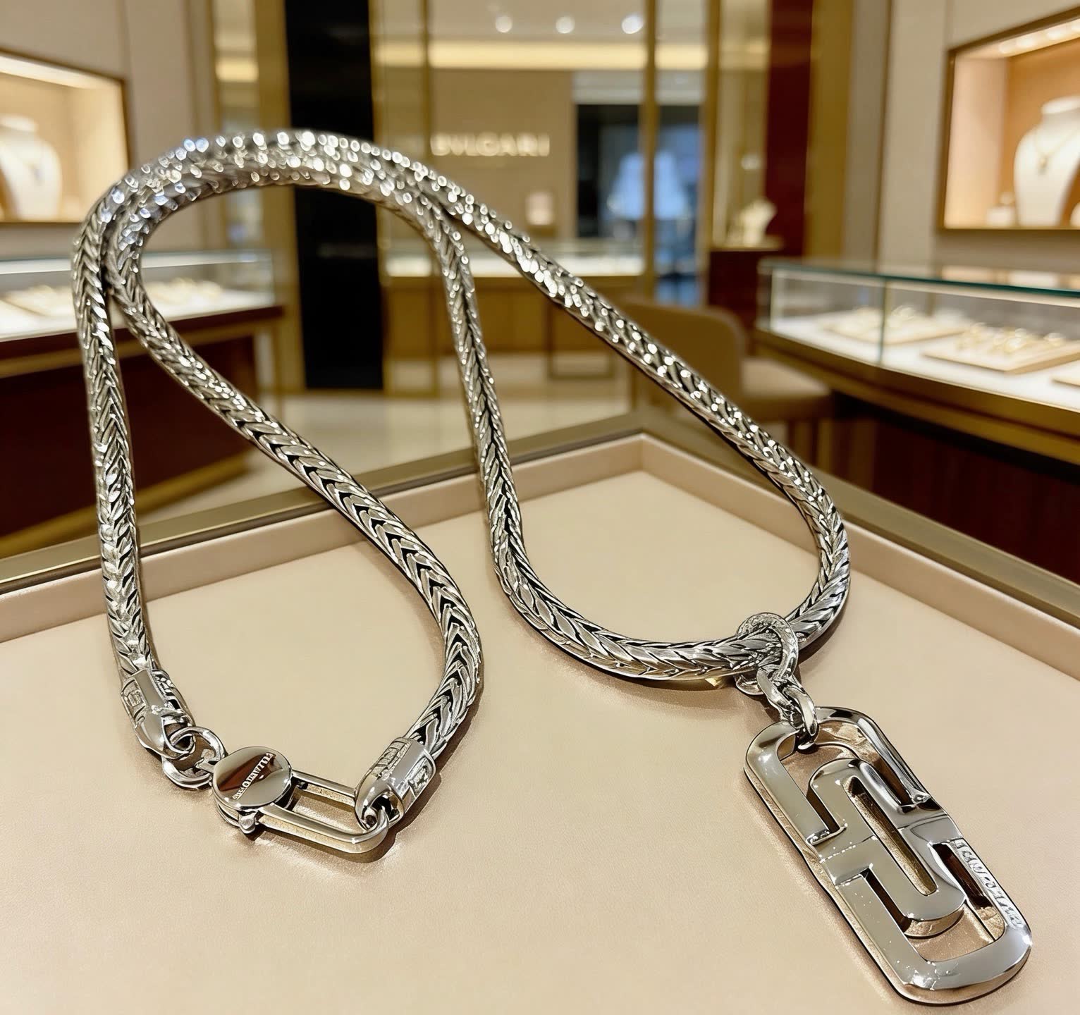 Bvlgari Bulgari Sterling Silver Chain with Logo Pendant Bvlgari Bulgari Sterling Silver Chain with Logo Pendant