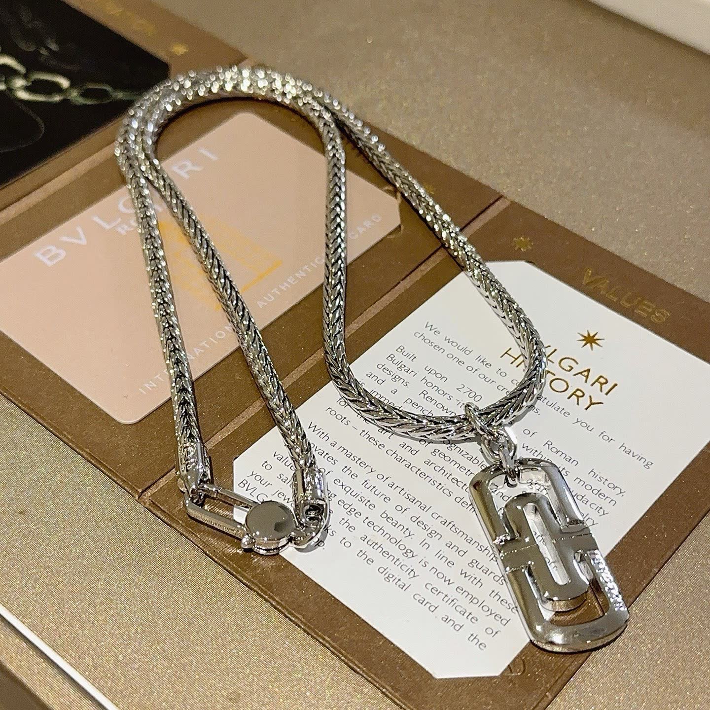 Bvlgari Sterling Silver Necklace with Logo Pendant