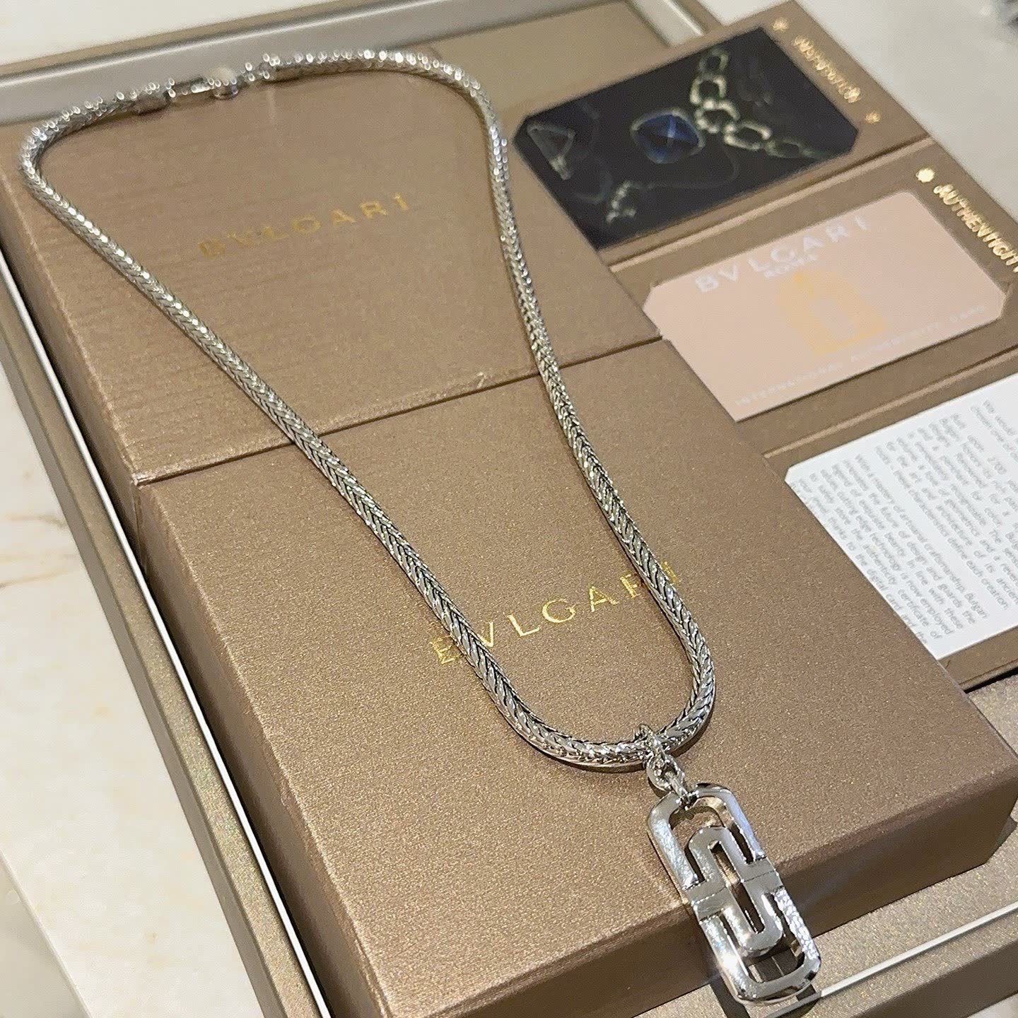 Bvlgari Sterling Silver Necklace with Logo Pendant