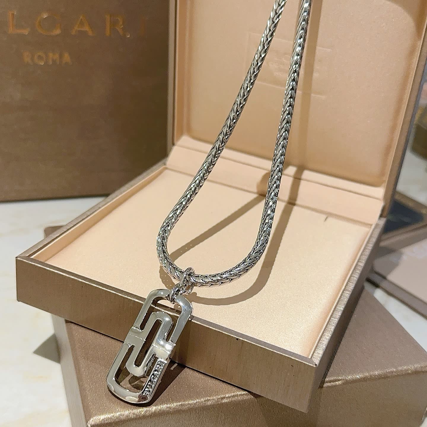 Bvlgari Sterling Silver Necklace with Logo Pendant