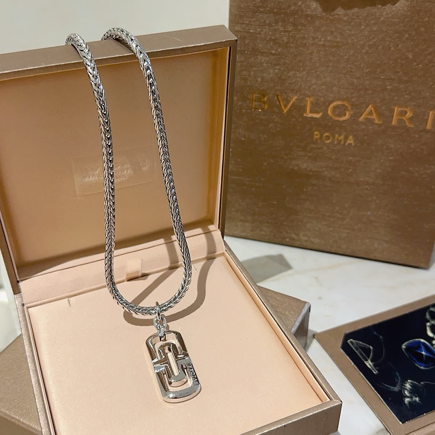 Bvlgari Sterling Silver Necklace with Logo Pendant