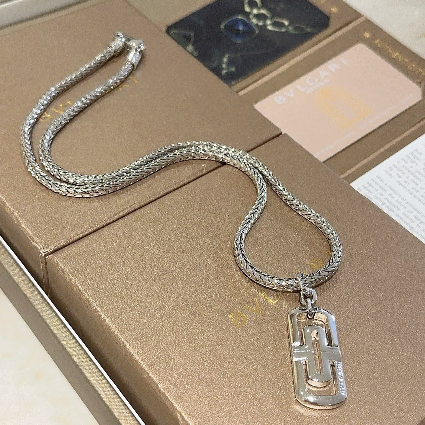 Bvlgari Sterling Silver Necklace with Logo Pendant