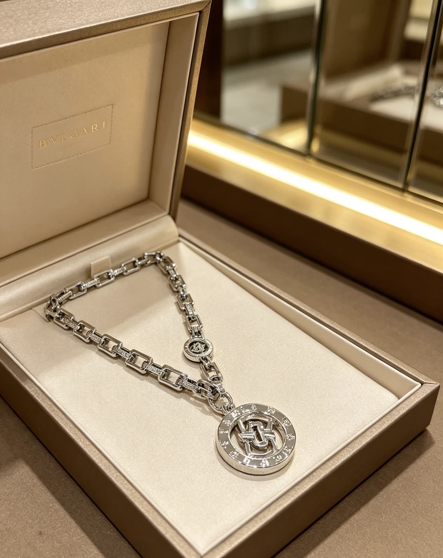 Bvlgari Sterling Silver Necklace with Logo Pendant