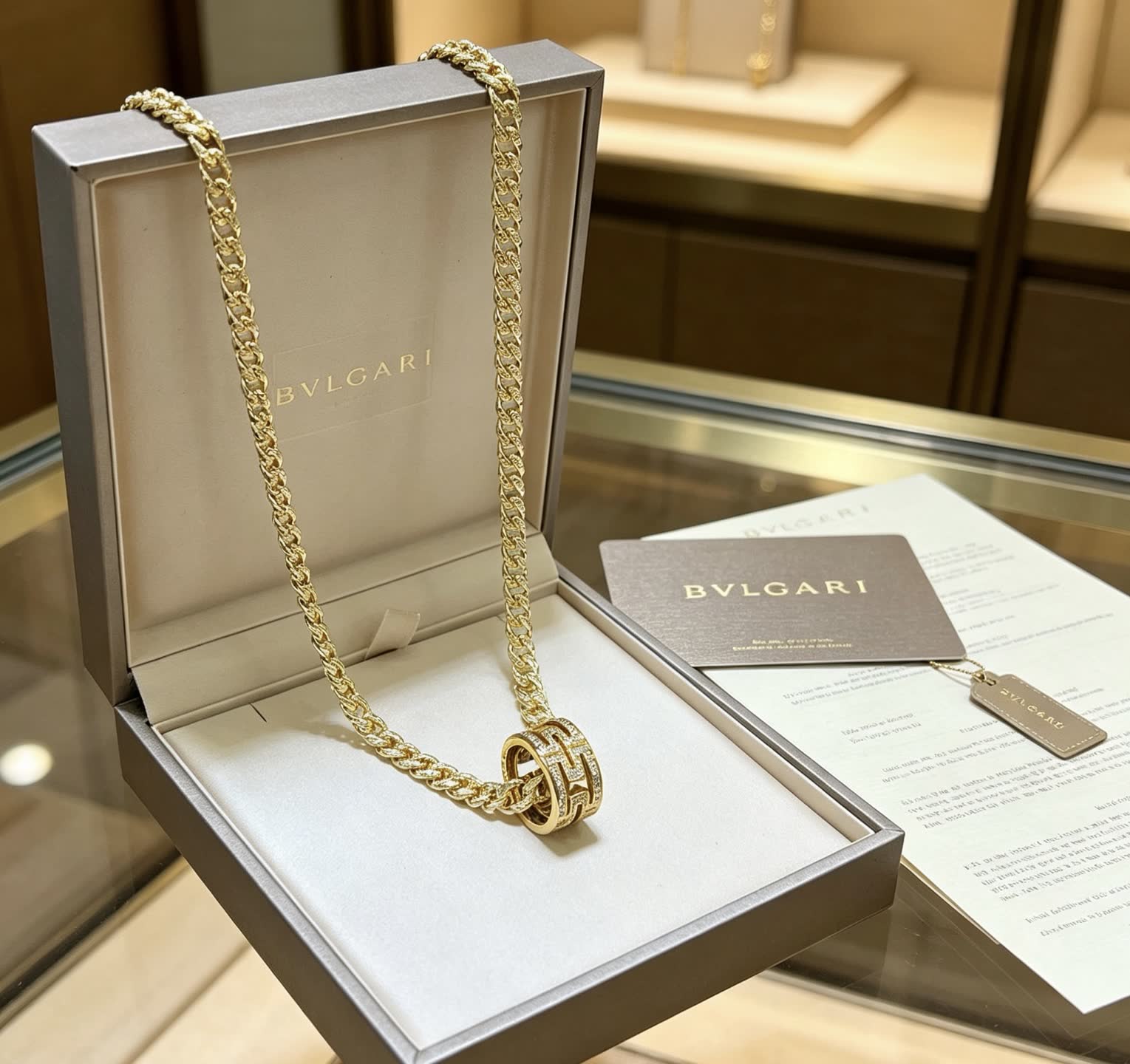 Bvlgari Gold Chain with Diamond Ring Pendant Bvlgari Gold Chain with Diamond Ring Pendant