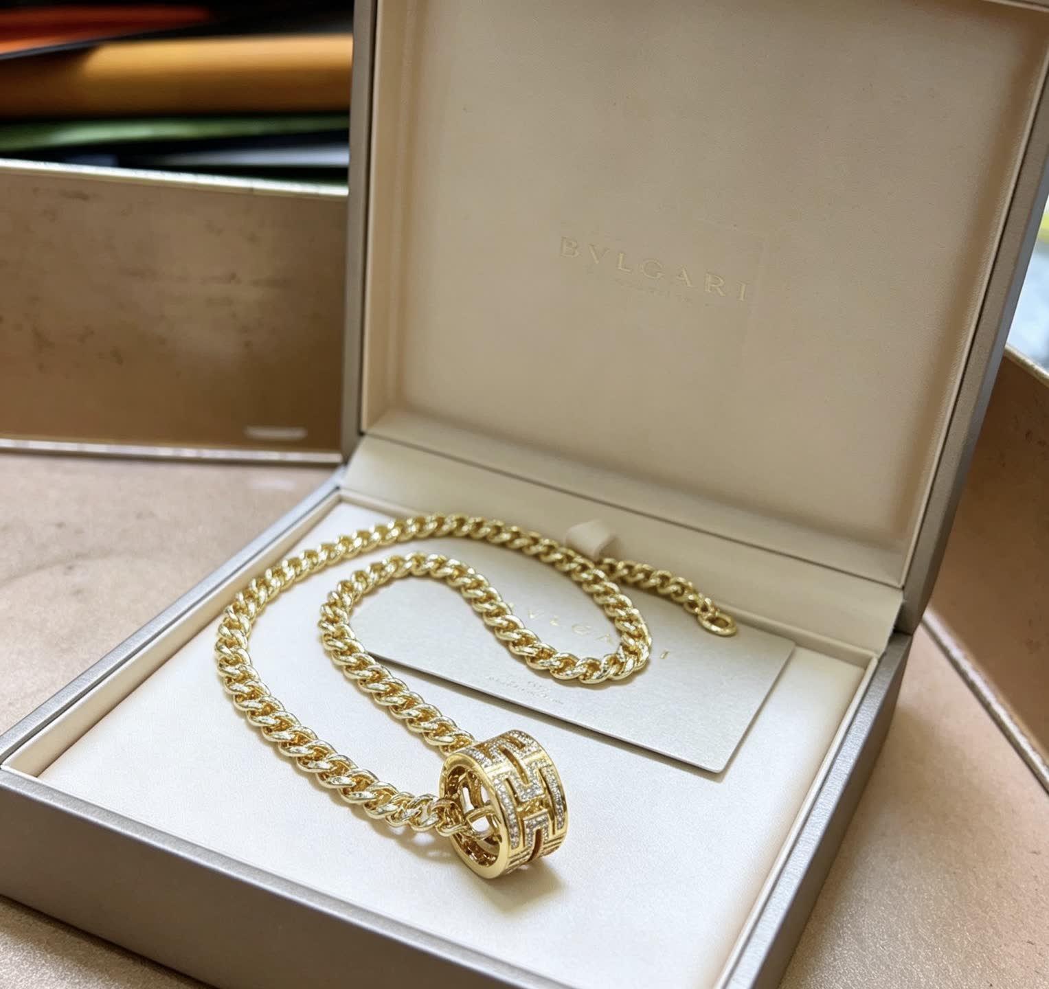 Bvlgari Gold Chain with Diamond Ring Pendant