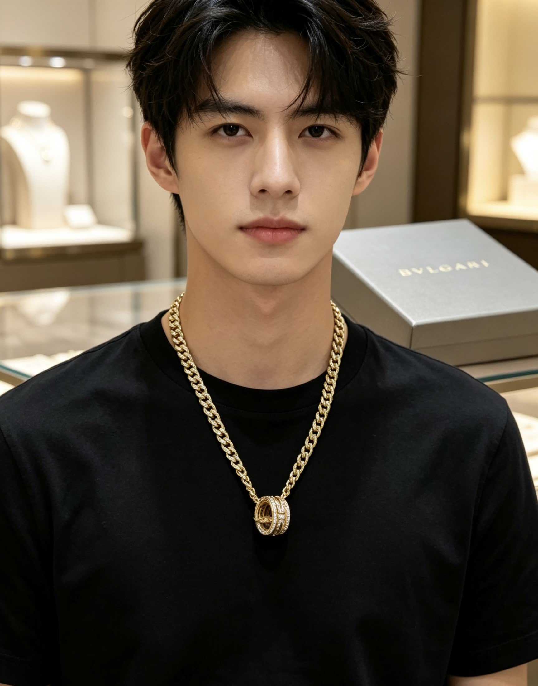Bvlgari Gold Chain with Diamond Ring Pendant