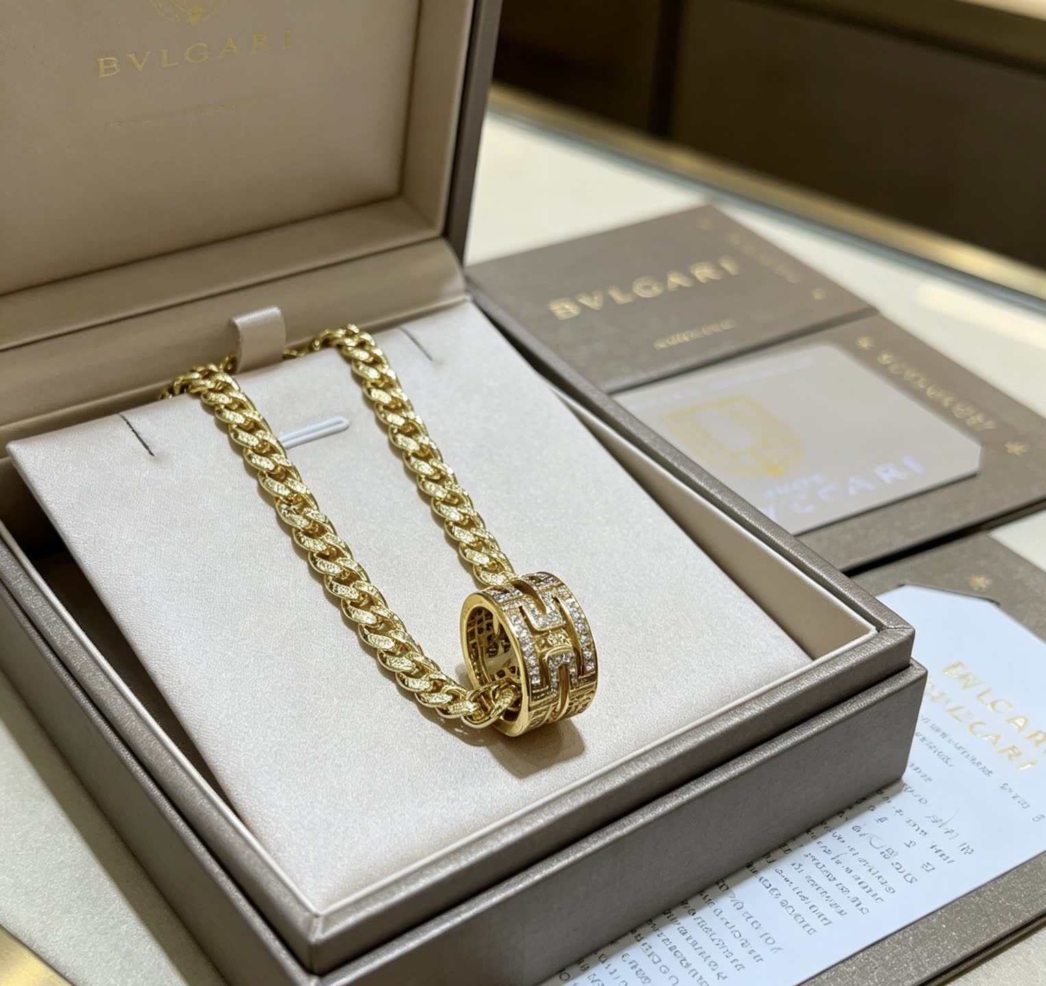 Bvlgari Gold Chain with Diamond Ring Pendant