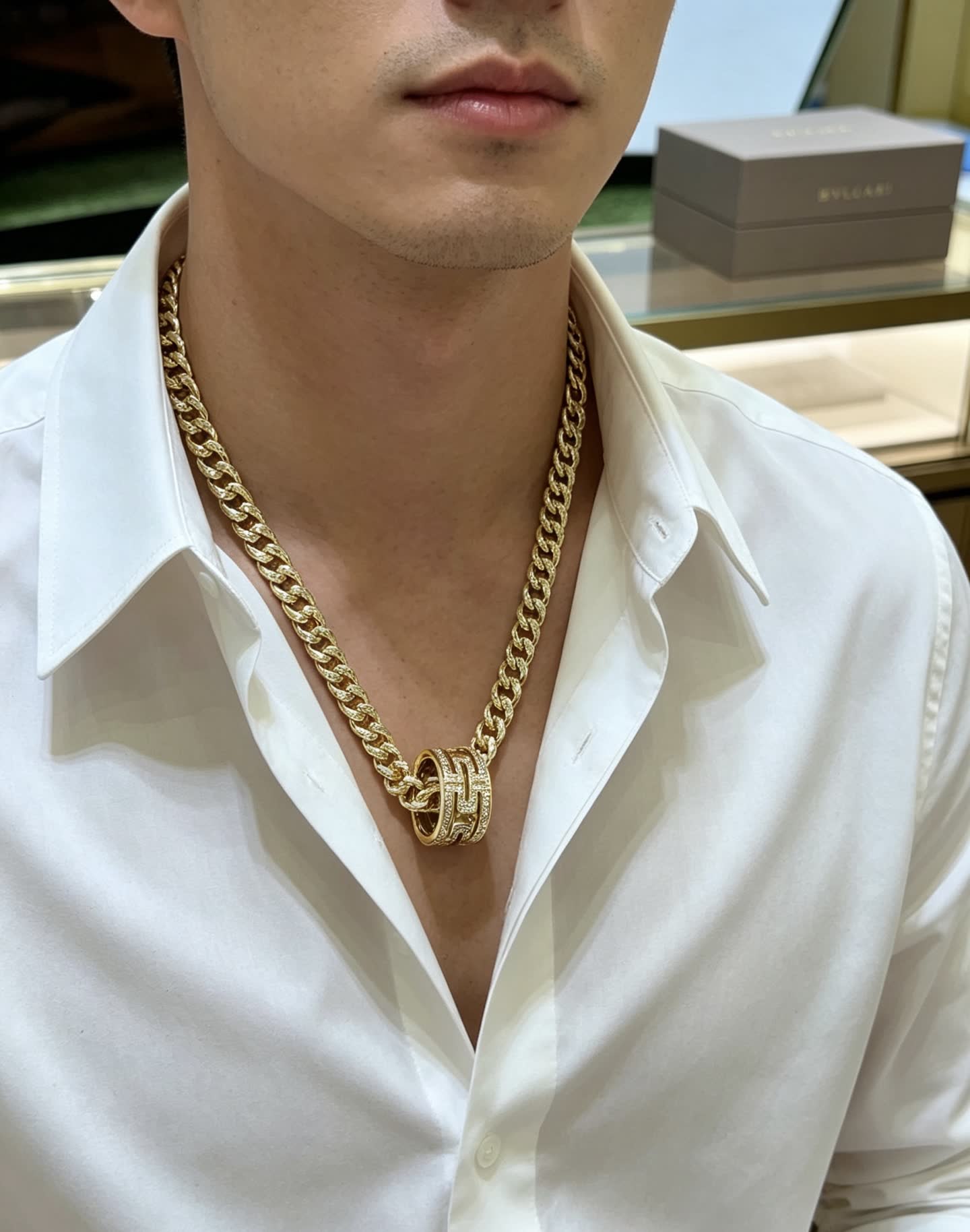 Bvlgari Gold Chain with Diamond Ring Pendant