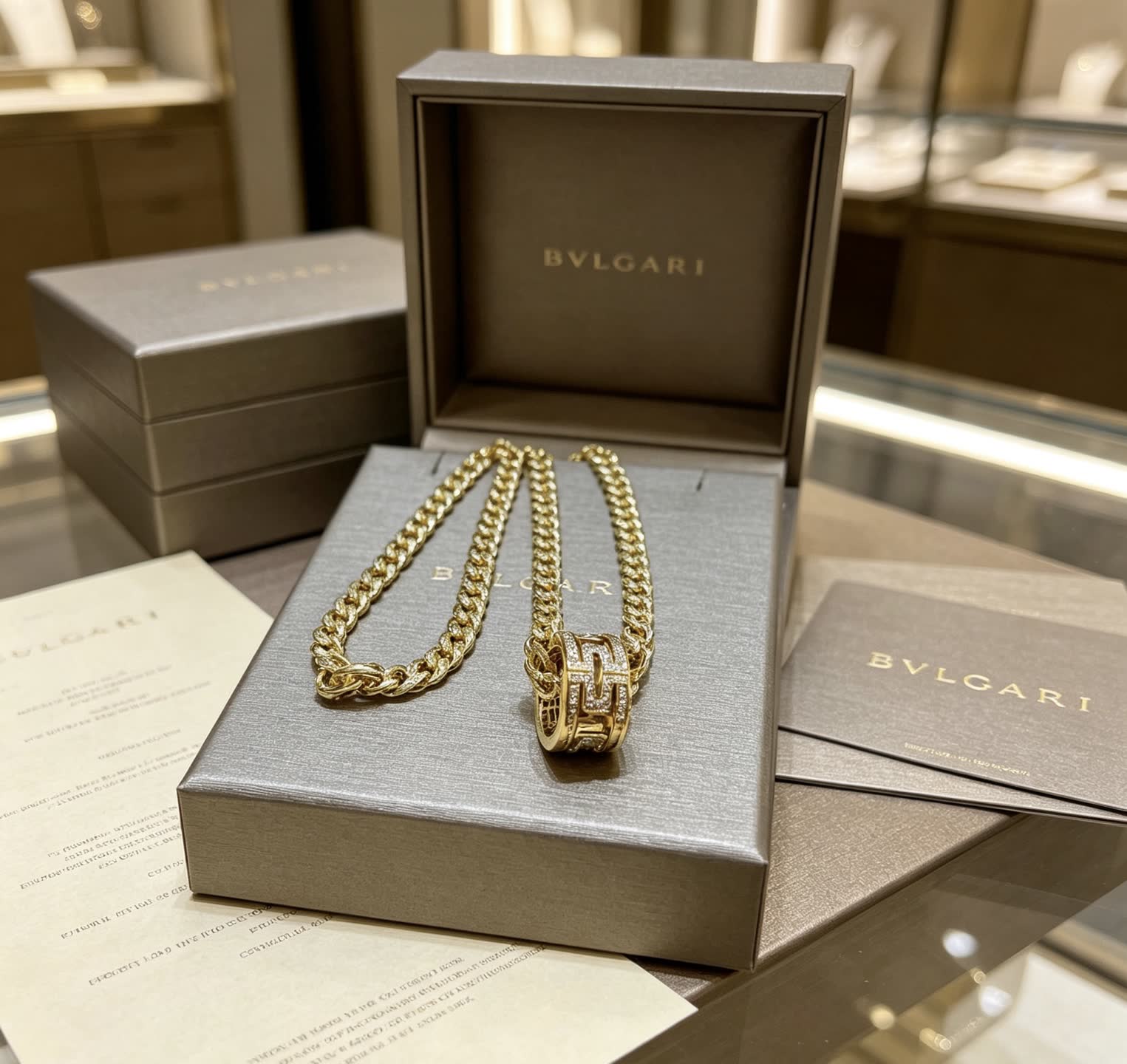 Bvlgari Gold Chain with Diamond Ring Pendant