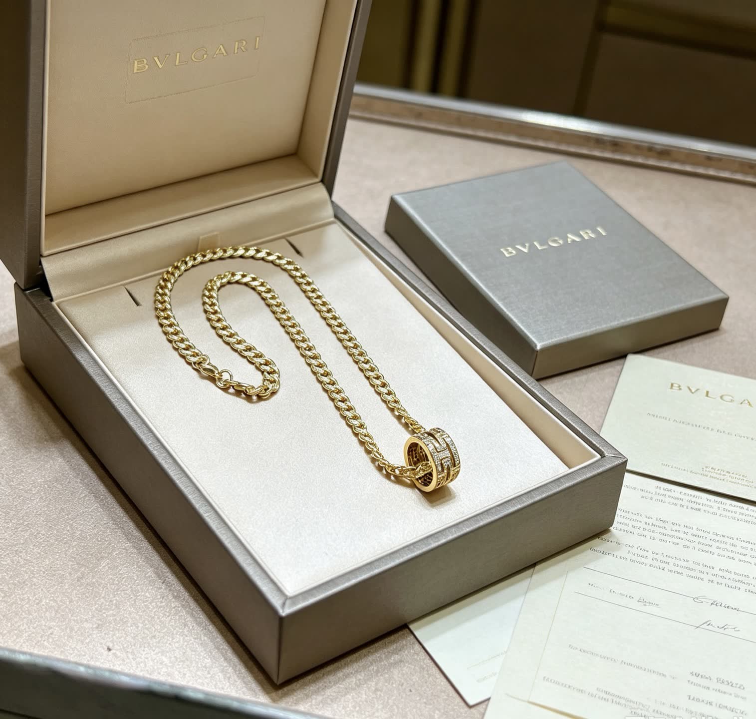 Bvlgari Gold Chain with Diamond Ring Pendant