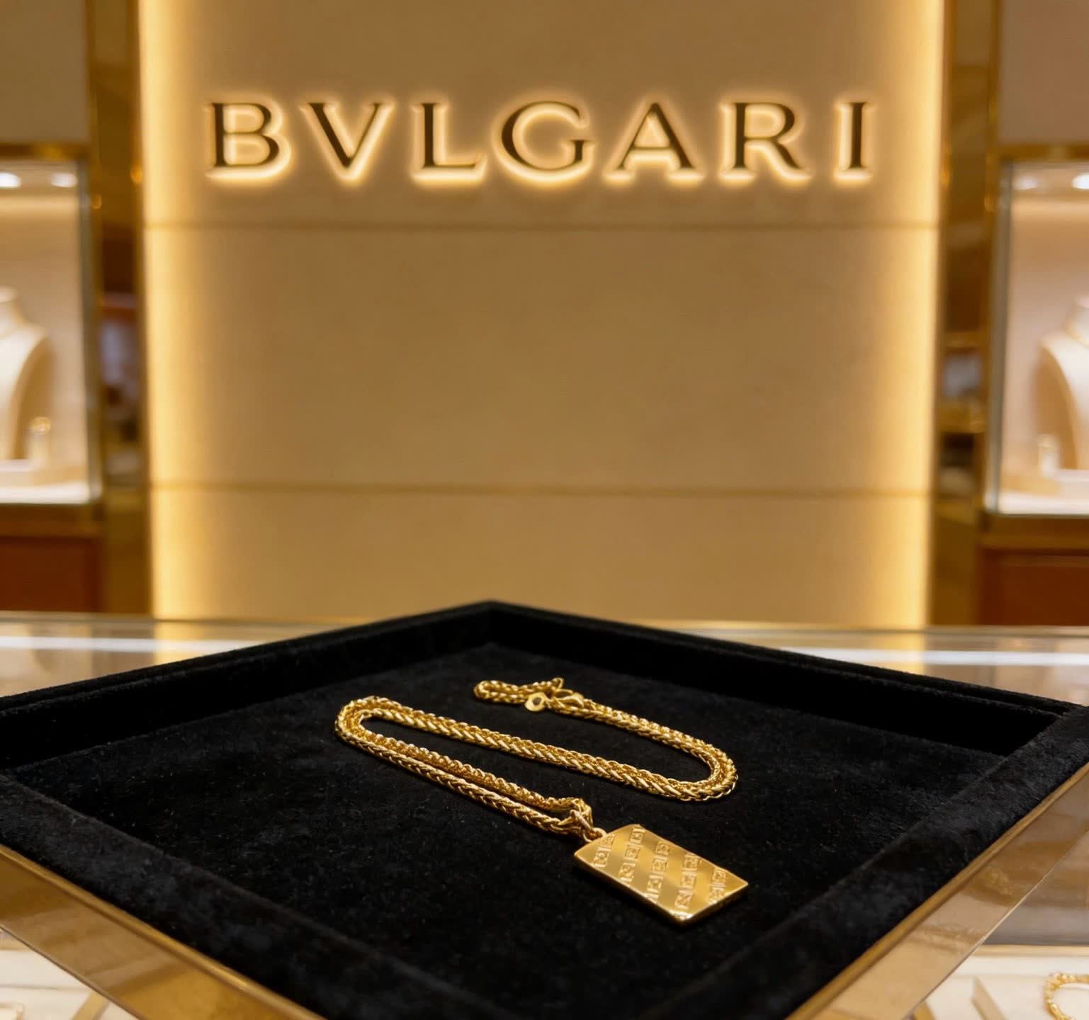 Bvlgari Gold Necklace with Logo Pendant