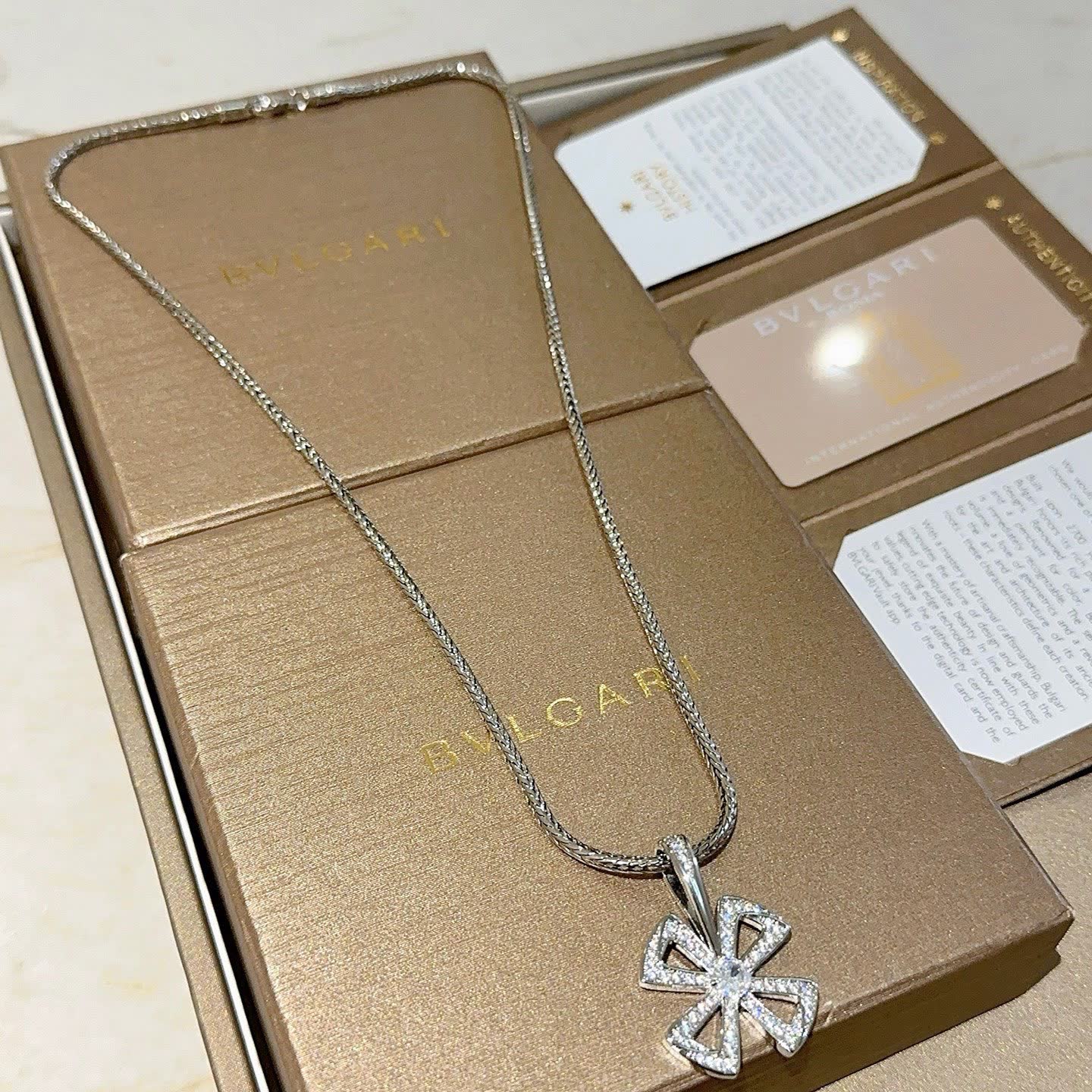 Bvlgari Silver Rhinestone Cross Pendant Necklace