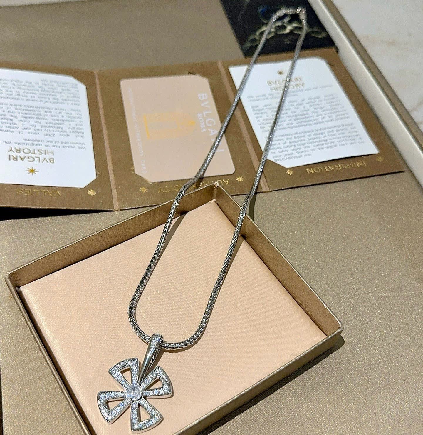 Bvlgari Silver Rhinestone Cross Pendant Necklace