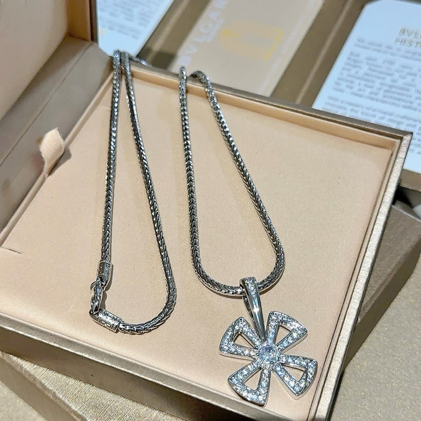 Bvlgari Silver Rhinestone Cross Pendant Necklace
