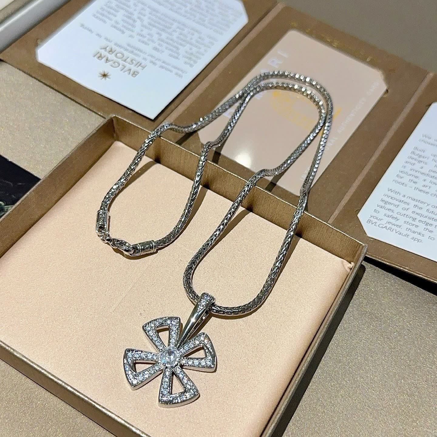 Bvlgari Silver Rhinestone Cross Pendant Necklace
