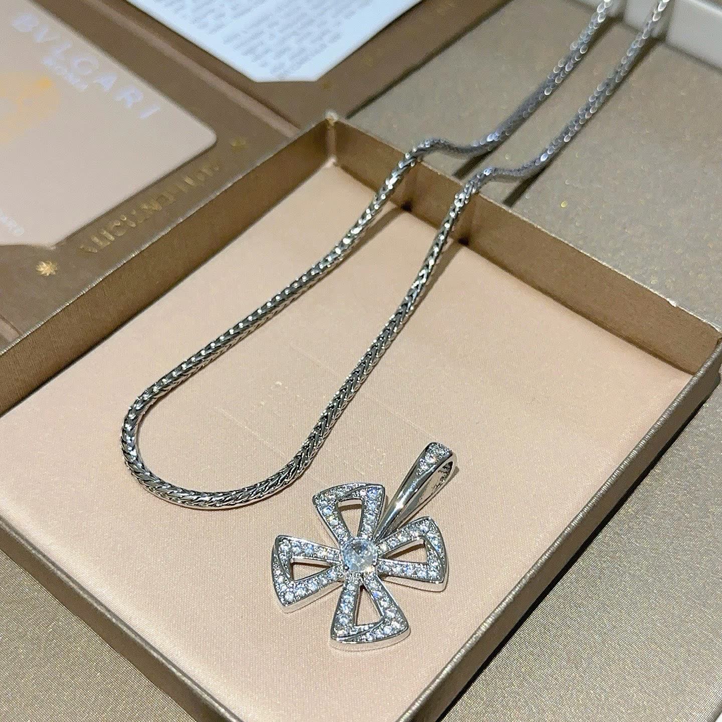 Bvlgari Silver Rhinestone Cross Pendant Necklace