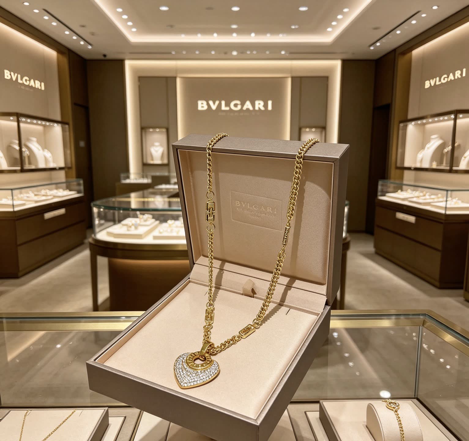 Bvlgari Gold and Diamond Heart Pendant Necklace Bvlgari Gold and Diamond Heart Pendant Necklace