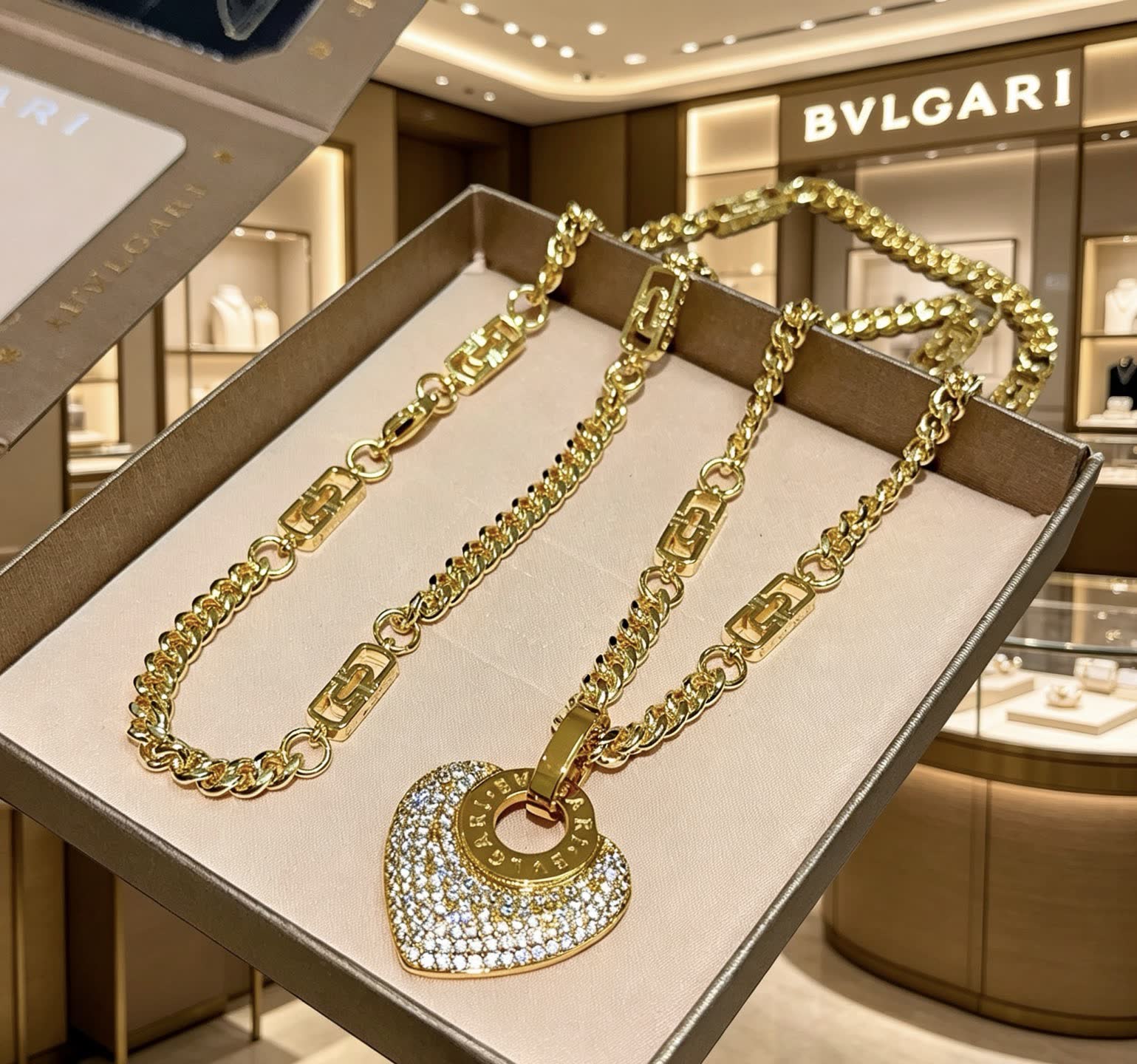 Bvlgari Gold and Diamond Heart Pendant Necklace