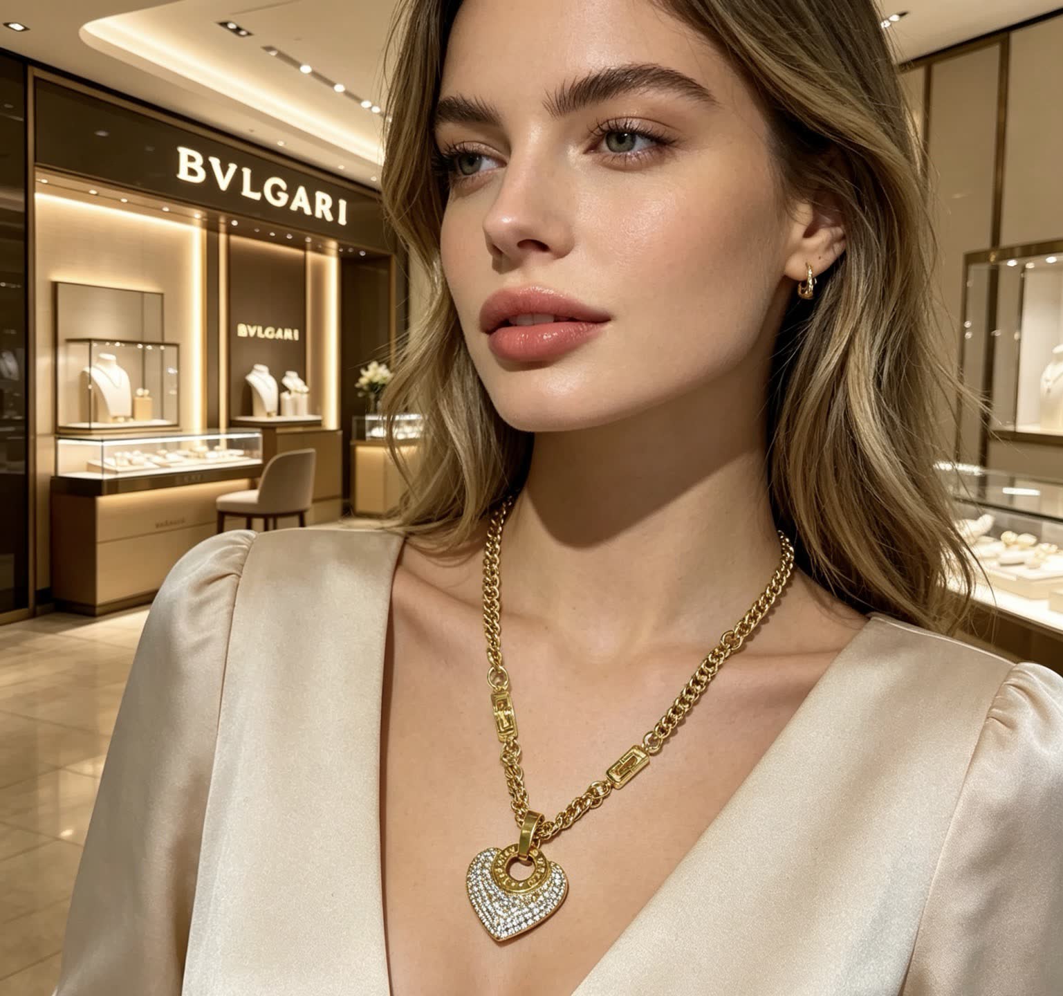 Bvlgari Gold and Diamond Heart Pendant Necklace